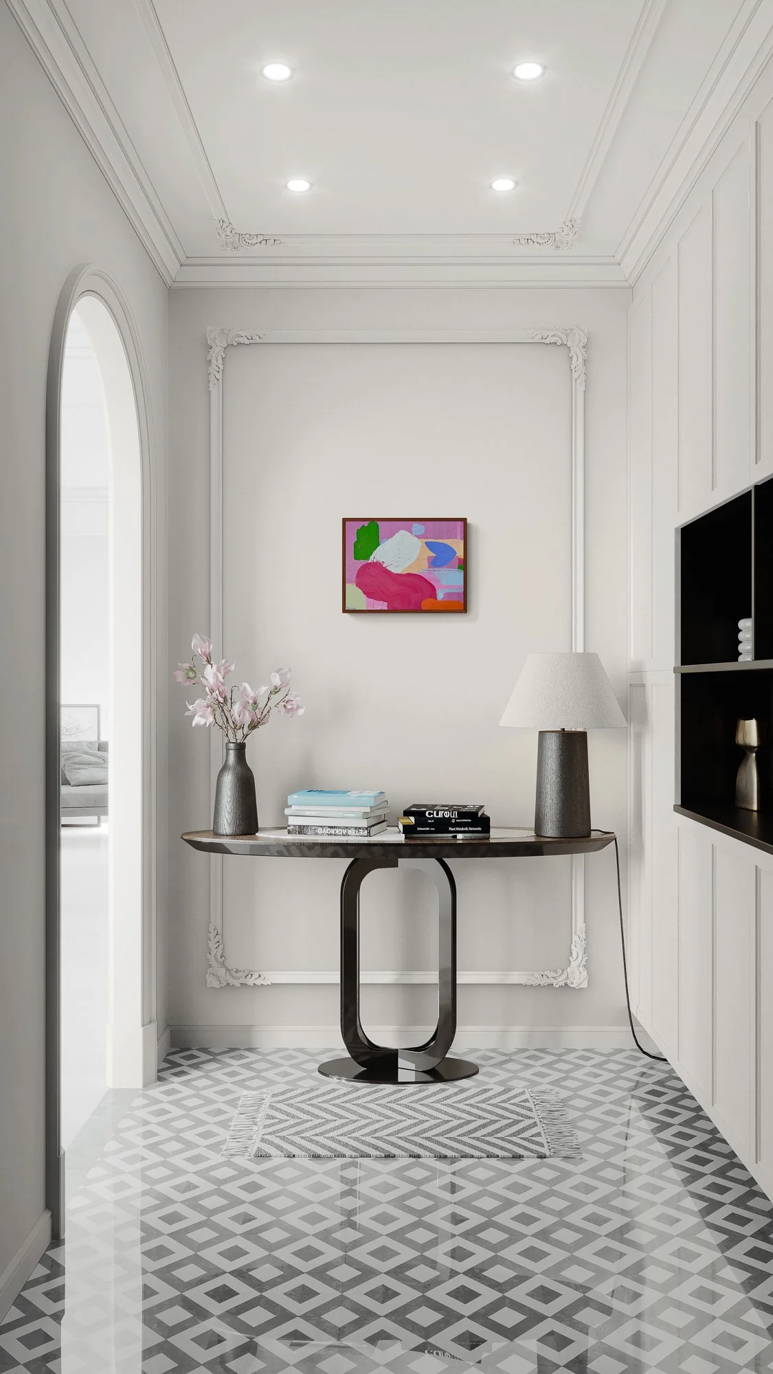 Small colourful abstract oil painting in elegant white hallway with ornate cornicing, pink green blue and white contemporary art above console table, statement painting for classic European interior, Martin Finnin Irish artist