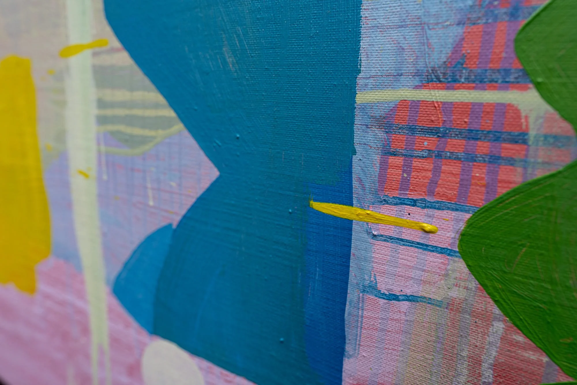 Close up detail of layered oil paint surface, deep blue teal pink and yellow with grid-like underlayer showing through, Martin Finnin West Cork studio