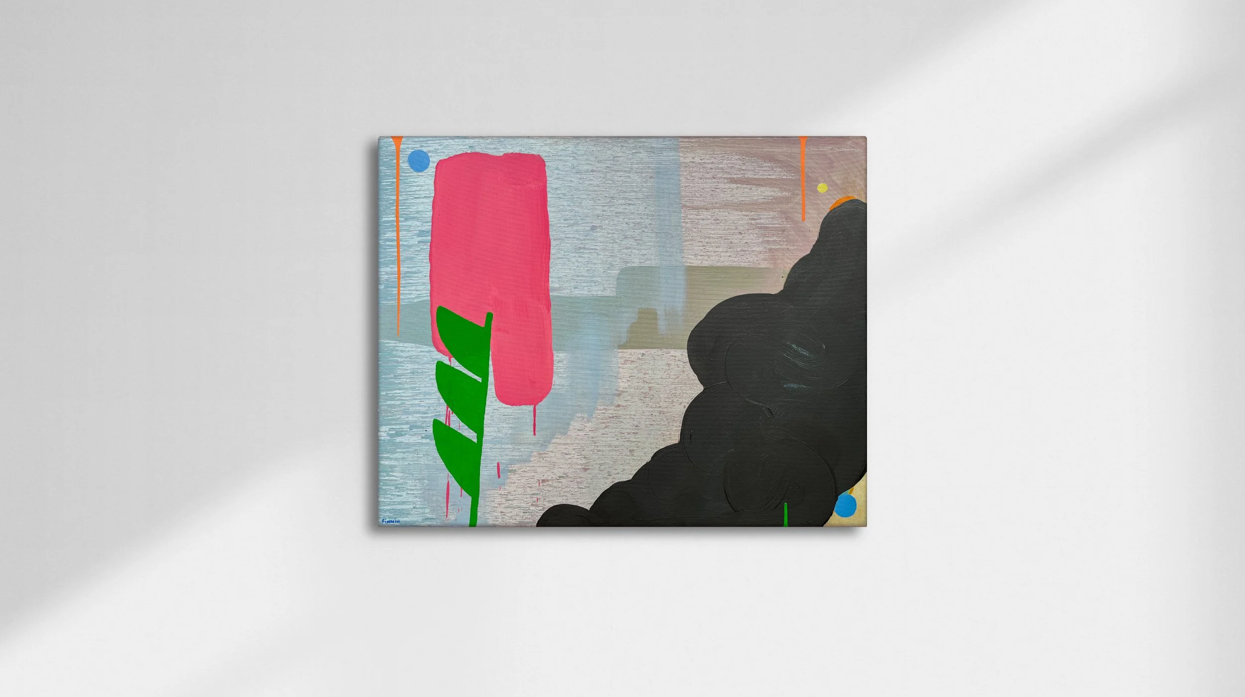 Original abstract oil painting with bold pink form and bright green stem on pale blue grey, dark black cloud form, contemporary canvas by Irish artist Martin Finnin West Cork, original art for sale