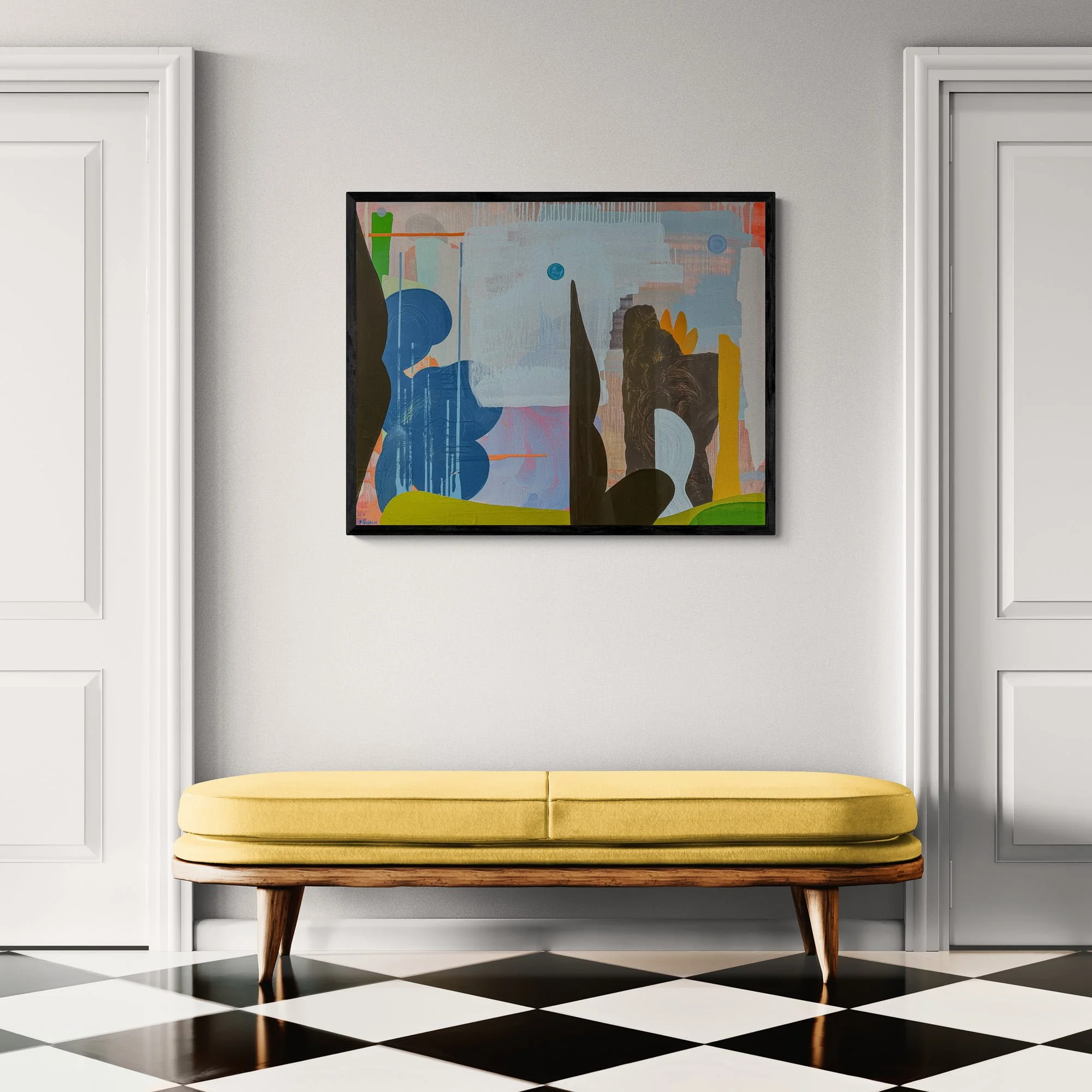 Colourful abstract oil painting in elegant hallway with yellow mid-century bench and black and white checkered floor, blue black and olive green contemporary canvas, statement art for classic interior, Martin Finnin Irish artist