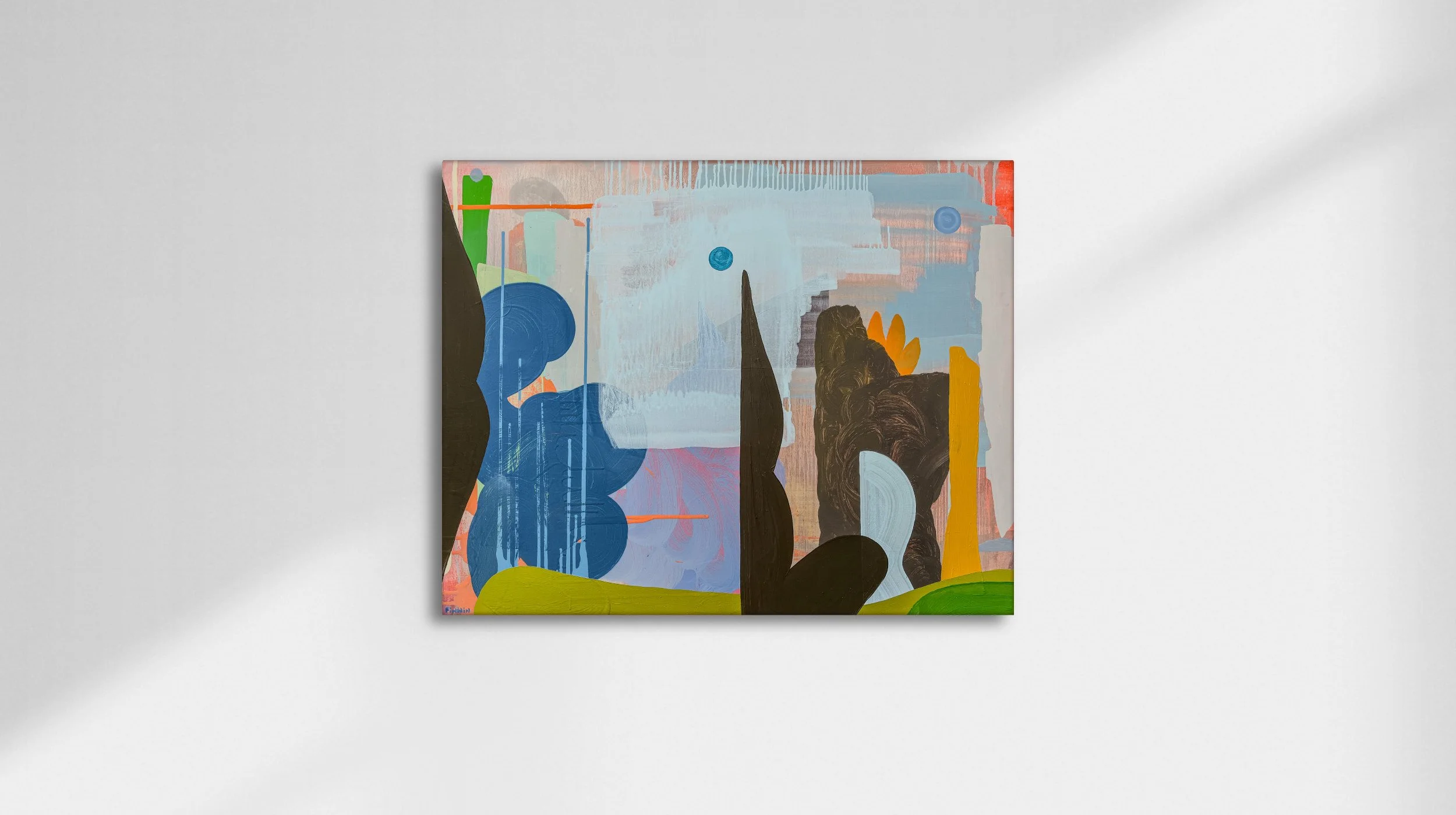 Original abstract oil painting with dark black forms and blue navy against pale pink, yellow and olive green, large contemporary canvas by Irish artist Martin Finnin West Cork, original art for sale