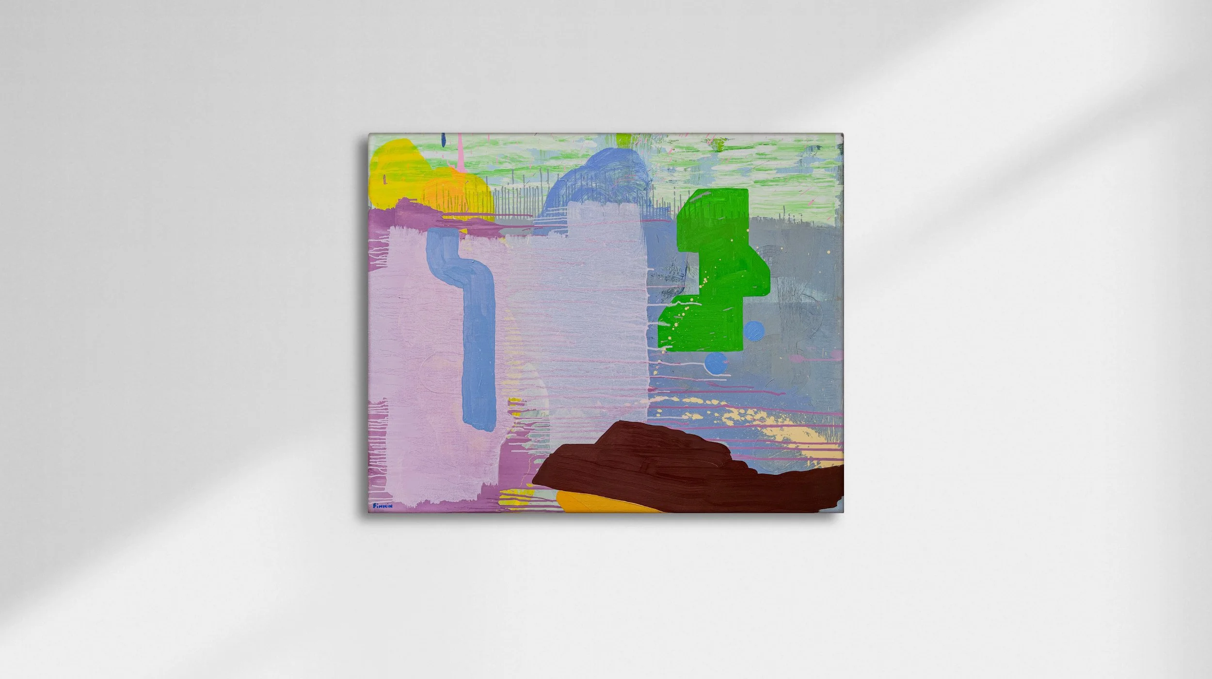 Original abstract oil painting with mint green sky, lavender pink and bright green forms, large contemporary canvas by Irish artist Martin Finnin West Cork, original art for sale