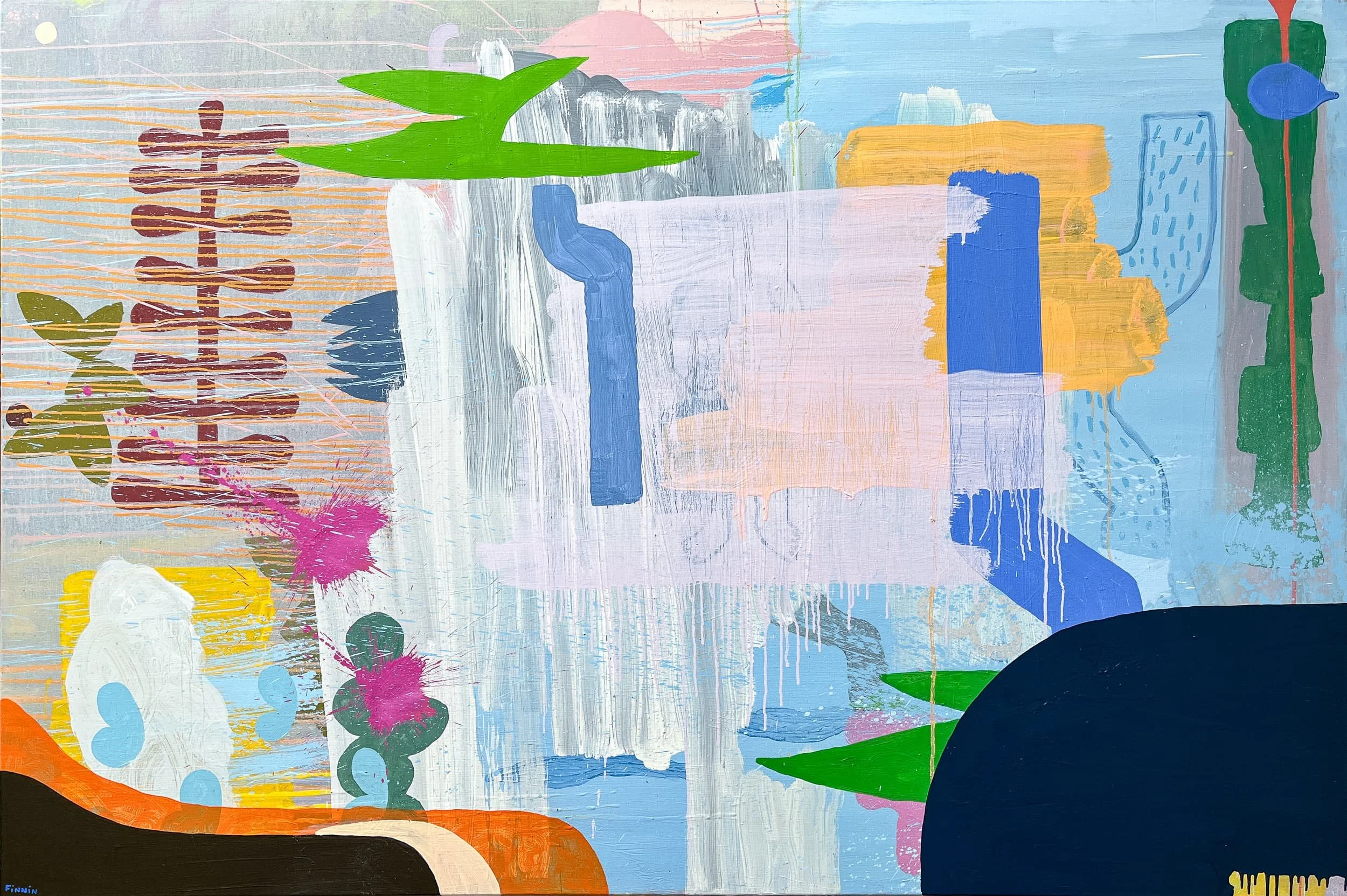 Large abstract oil painting with pale blue ground, green blue orange pink and dark forms, layered brushwork and drips with botanical and figurative elements, Martin Finnin Irish artist West Cork