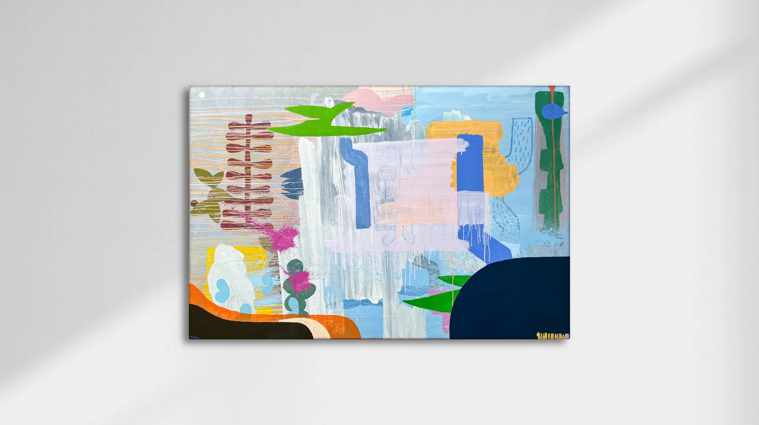 Large abstract oil painting with pale blue ground, green blue orange pink and dark forms, layered brushwork and drips with botanical and figurative elements, Martin Finnin Irish artist West Cork