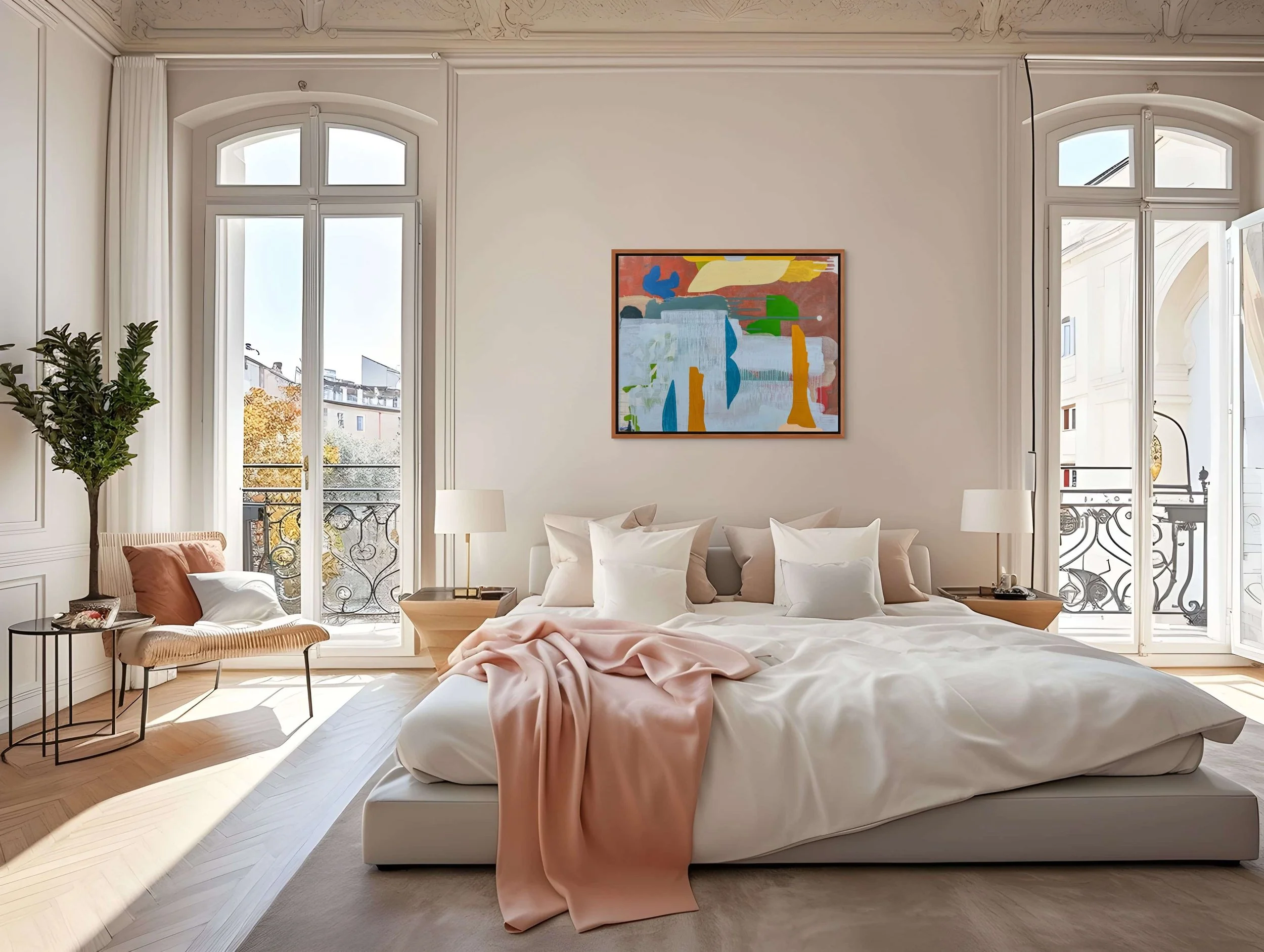 Colourful abstract oil painting in bright Parisian style bedroom, terracotta yellow blue and green contemporary art above linen bed, statement painting for elegant airy interior, Martin Finnin Irish artist