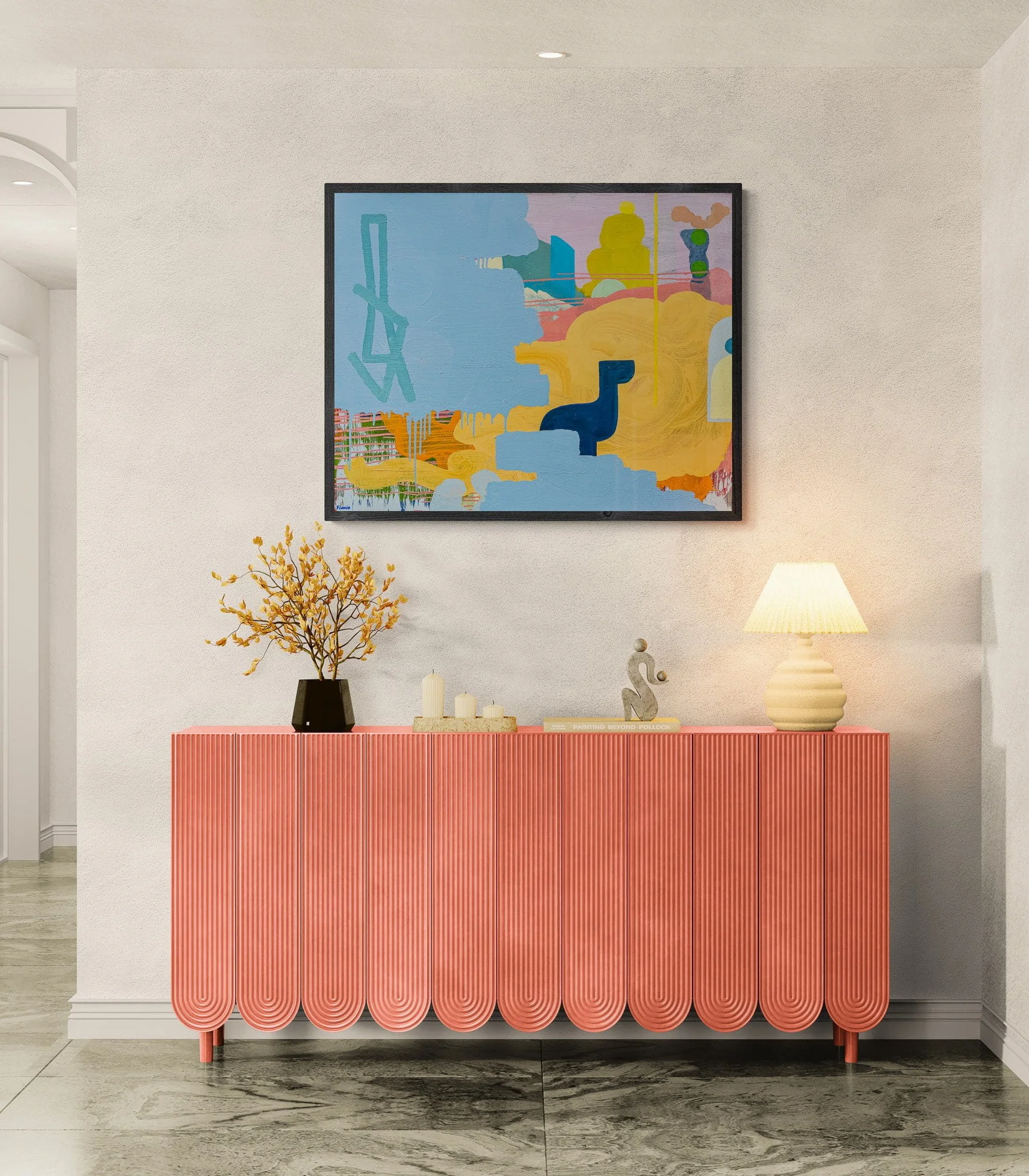 Colourful abstract oil painting above coral pink sculptural sideboard in contemporary interior, blue orange and peach canvas, bold statement art for eclectic modern interior, Martin Finnin Irish artist