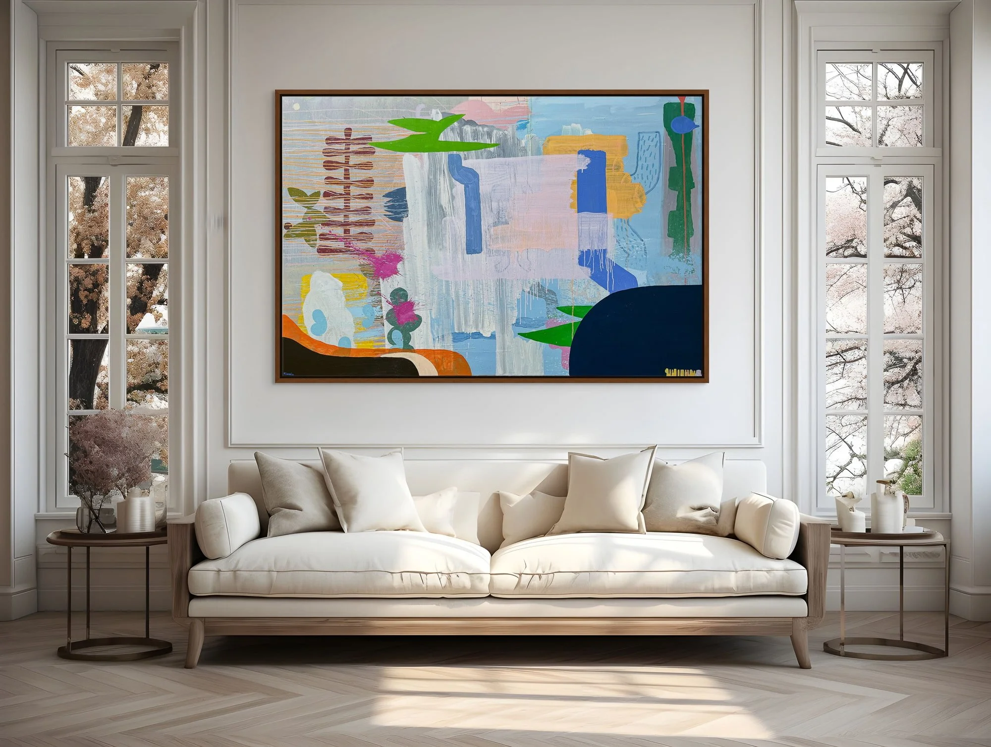 Large colourful abstract oil painting above sofa in bright elegant living room, blue green orange pink and dark navy contemporary art on white wall, statement painting for classic interior, Martin Finnin Irish artist