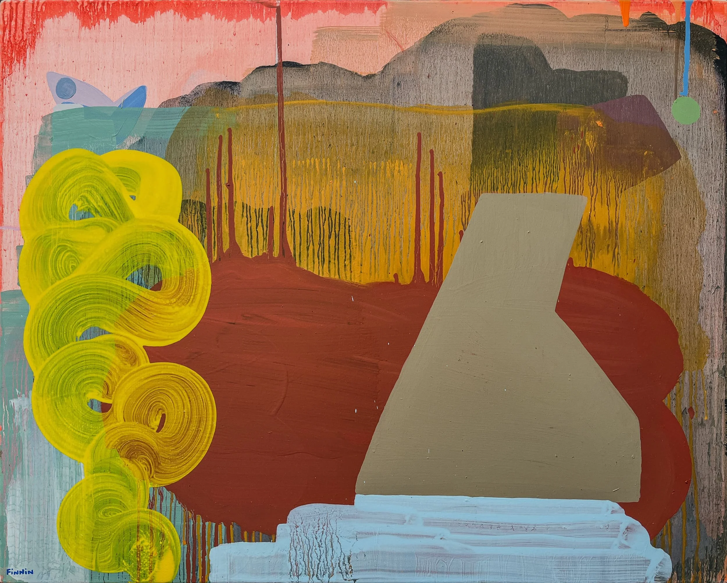 Original abstract oil painting with yellow gorse, terracotta red ochre and sage green, large contemporary canvas by Irish artist Martin Finnin West Cork, original art for sale