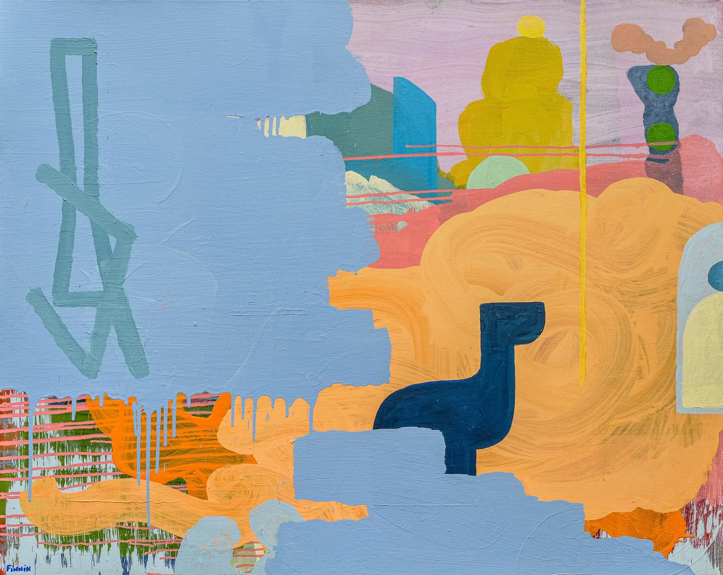 Original abstract oil painting with swirling peach orange wave form on periwinkle blue, yellow and pink contemporary canvas, large original painting by Irish artist Martin Finnin
