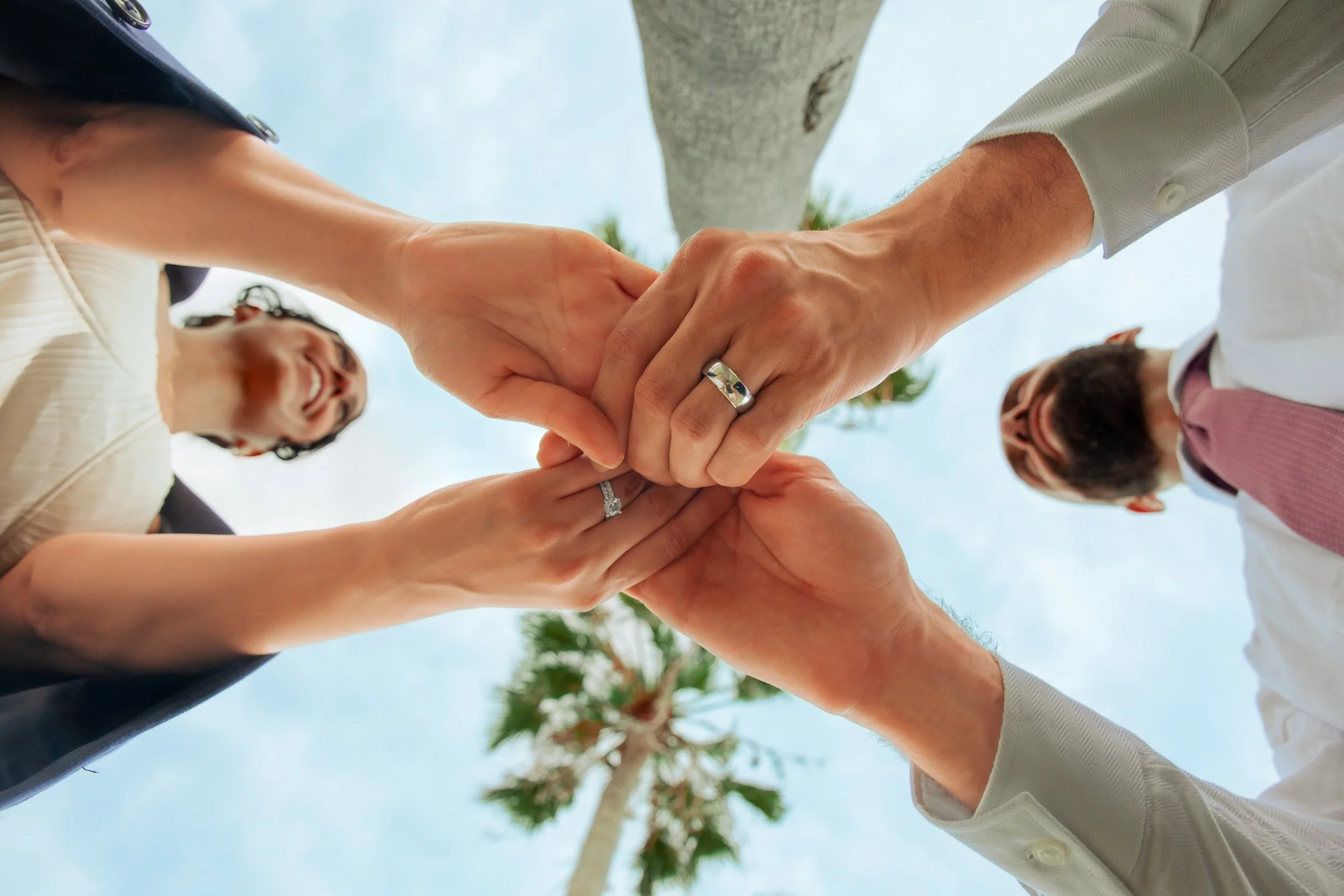 Close-up of a couple's hands with wedding rings touching, seen from below with a palm tree and blue sky in the background.