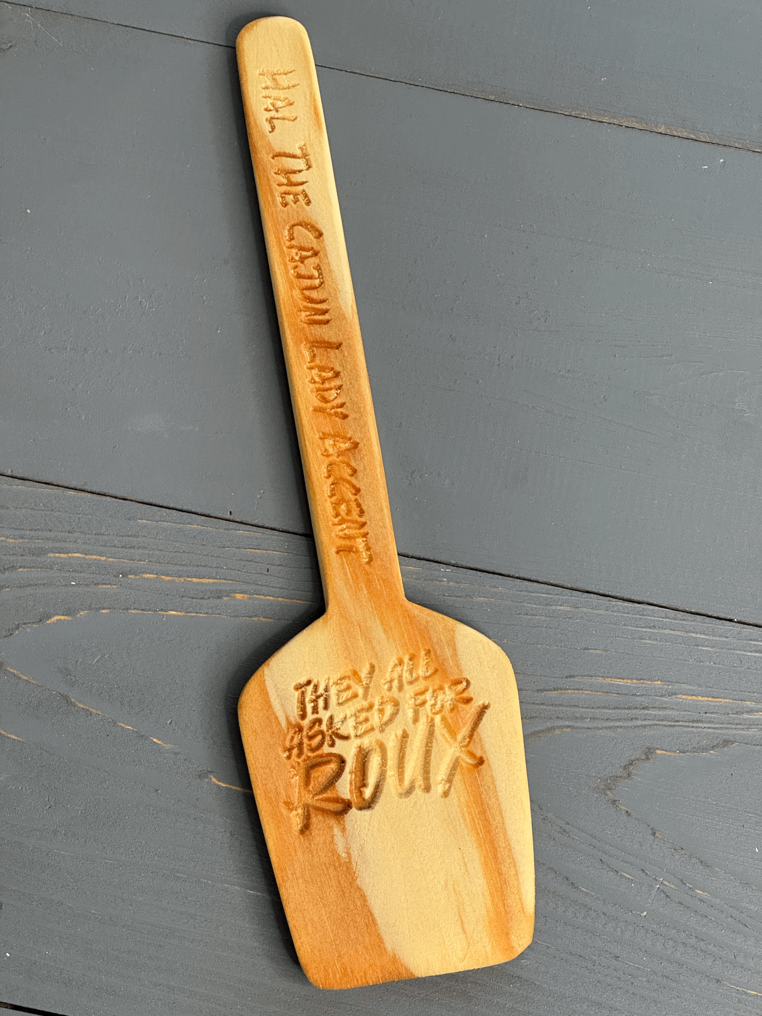 Wooden Spaddle NATURAL Hal The Cajun Lady Accent Handle with They all asked for Roux Logo