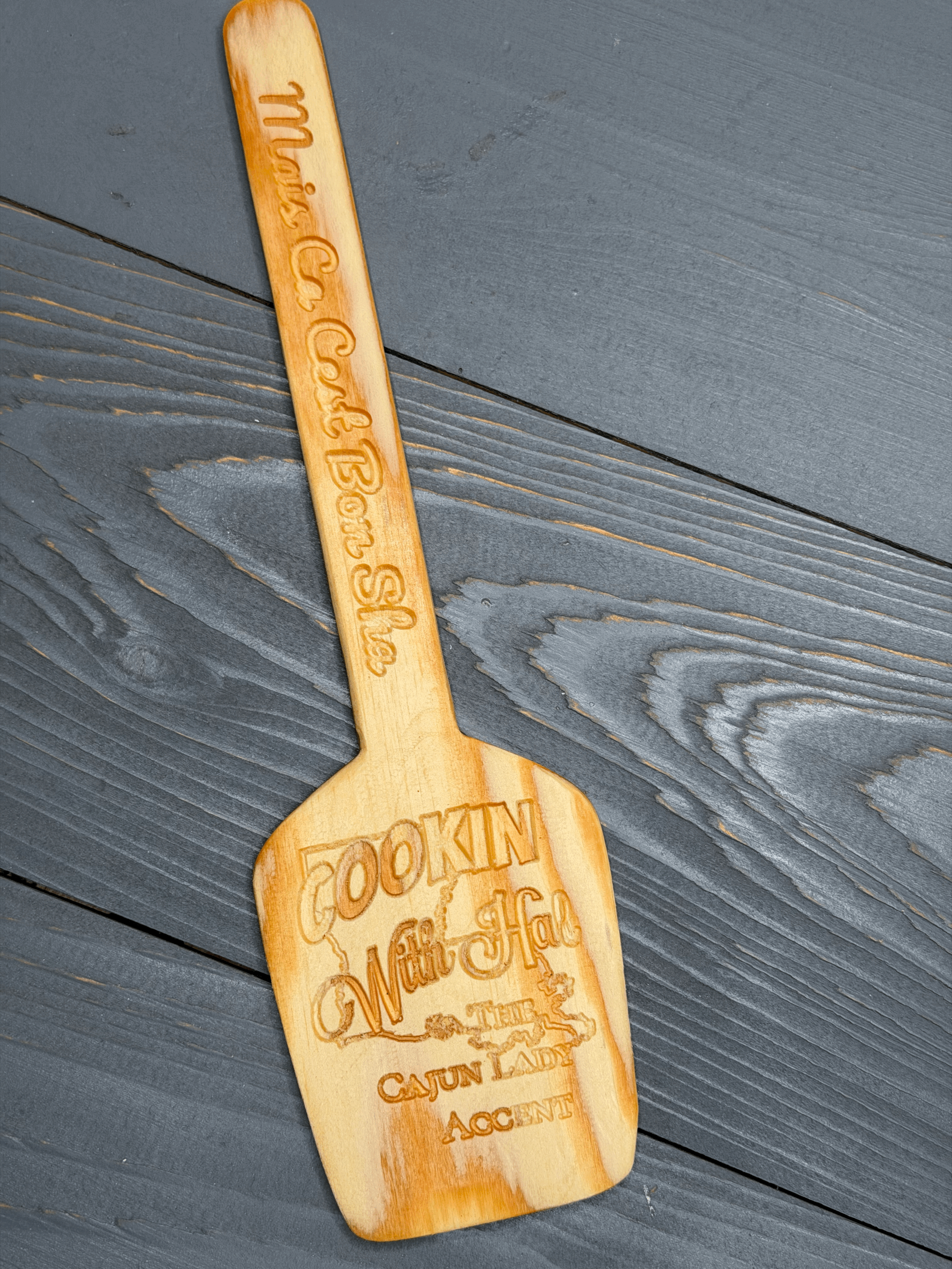 Wooden Spaddle NATURAL Cookin With Hal Logo Mais Ca Cest Bon Sha handle
