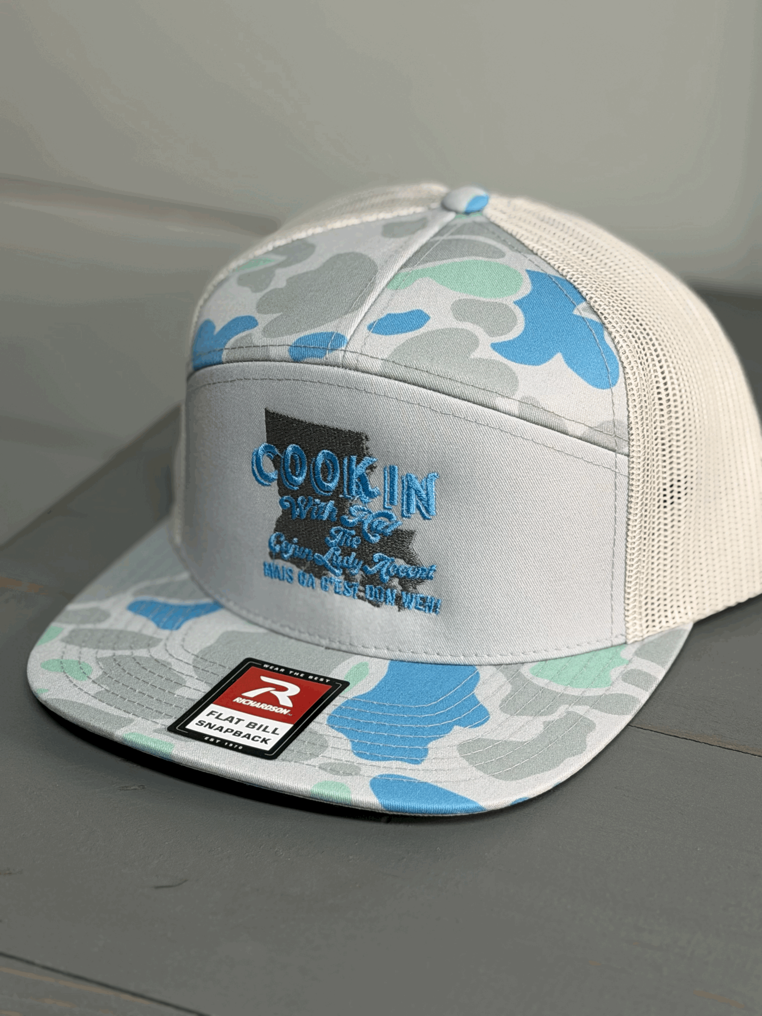 Grey/Blue Cookin With Hal Logo Hat Saltwater Duck Camo front/ Ice Grey Back