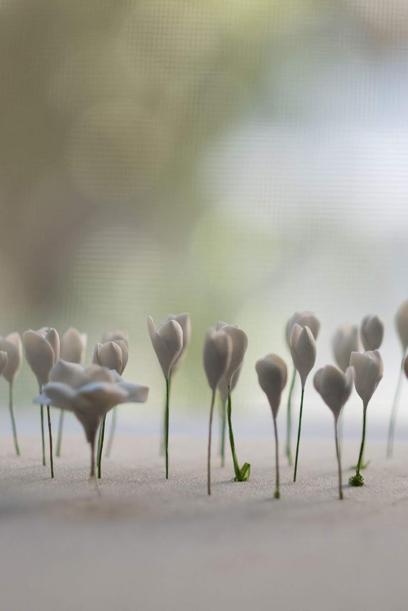 Close-up of delicate, white flower sculptures on thin stems, set against a soft, blurred background.