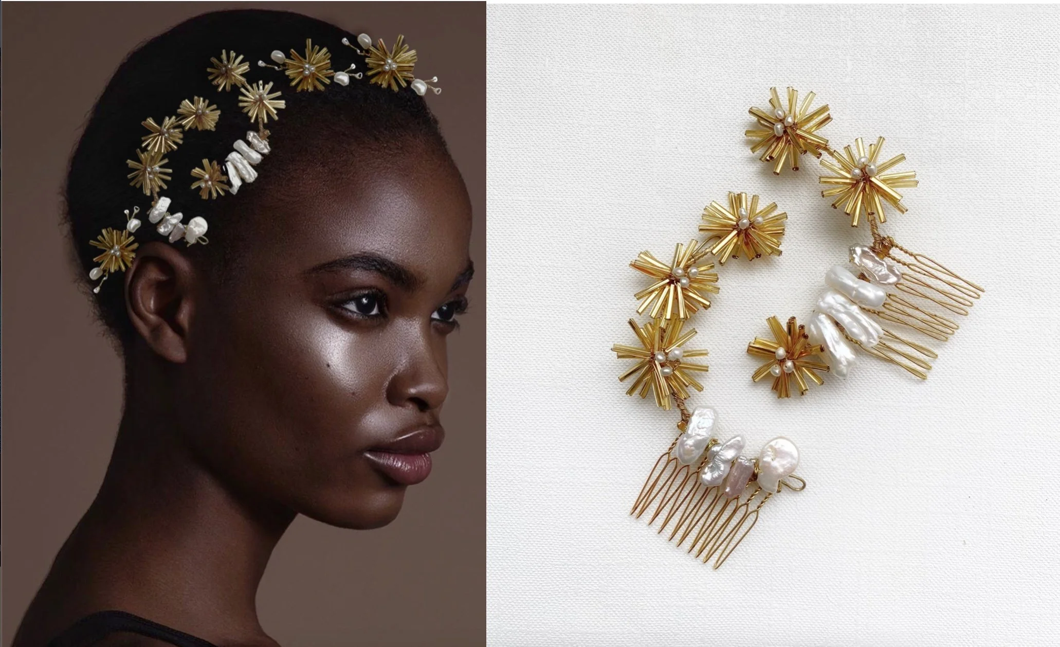 Model wearing gold and pearl hair accessory; close-up of accessory featuring starburst and pearl design with gold combs.