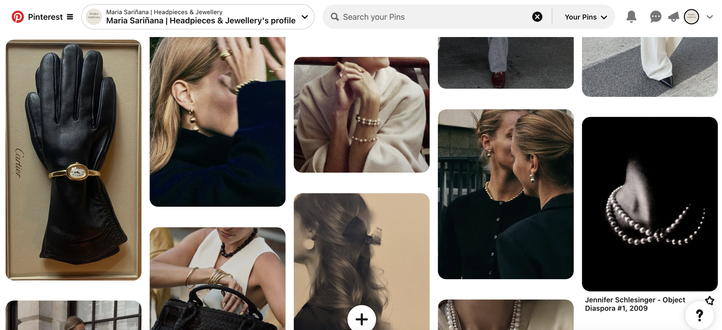 Collage of fashion and jewelry images including gloves, pearl necklaces, earrings, and stylish attire.