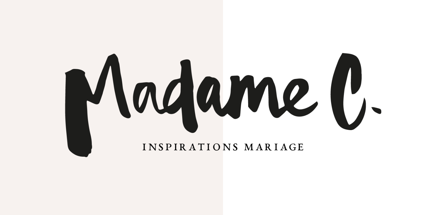 Logo featuring the text "Madame C." in a bold, black script font above smaller text reading "INSPIRATIONS MARIAGE" on a split white and beige background.