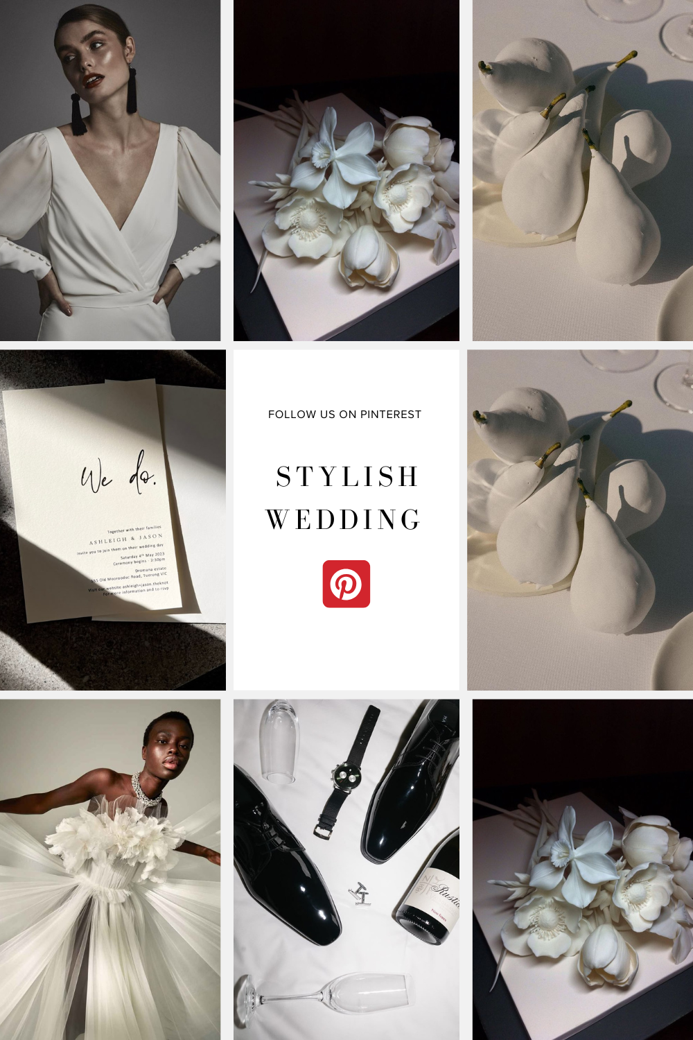 Collage of stylish wedding elements, including a model in a white dress, elegant floral arrangements, a wedding invitation, polished black shoes with accessories, and decorative pears, with a Pinterest promotion in the center.