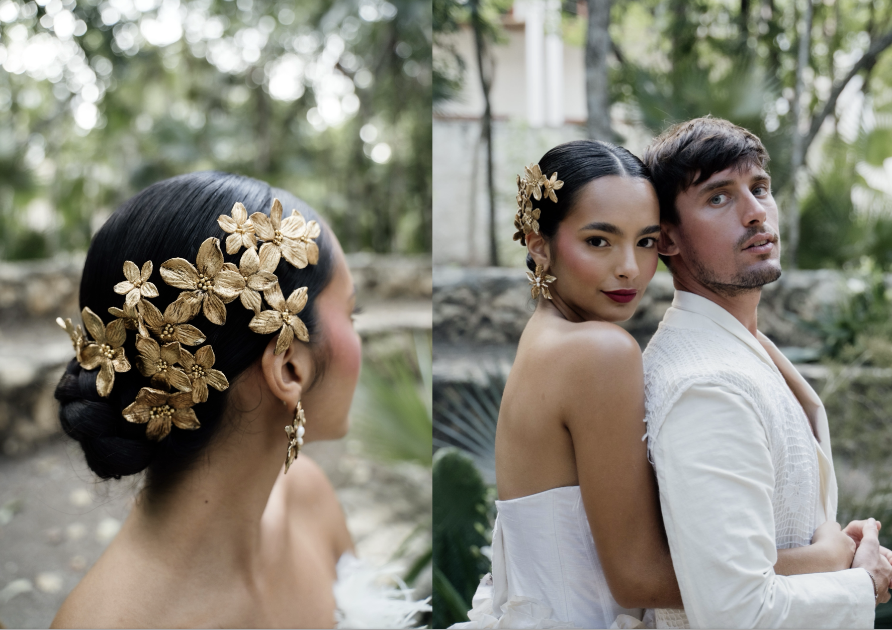 A woman with dark hair adorned with gold flower hair accessories and floral earrings, posing with a man in a white outfit, set against a lush, outdoor background.