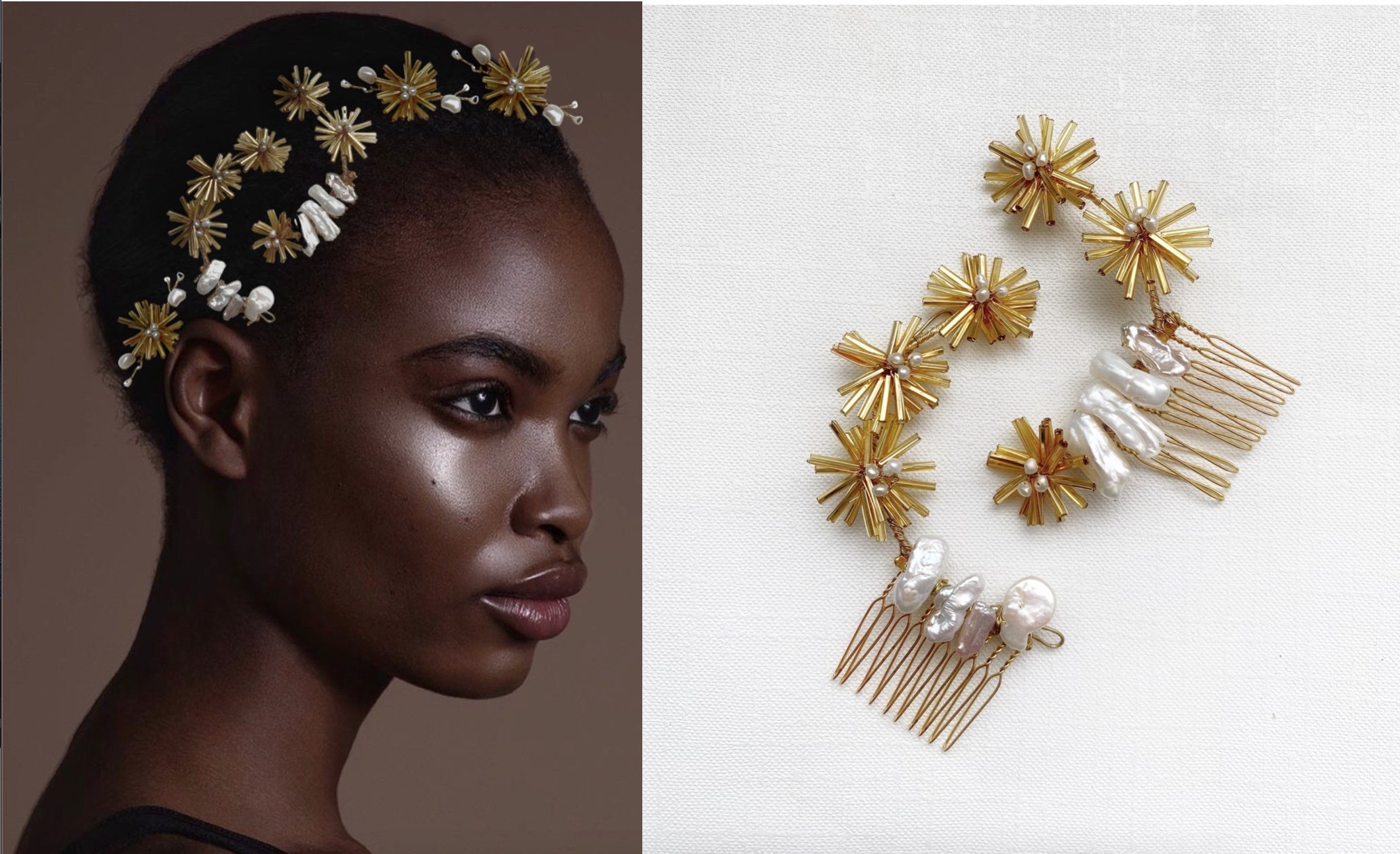 Model wearing a gold and pearl hairpiece with matching accessories placed on a white background.