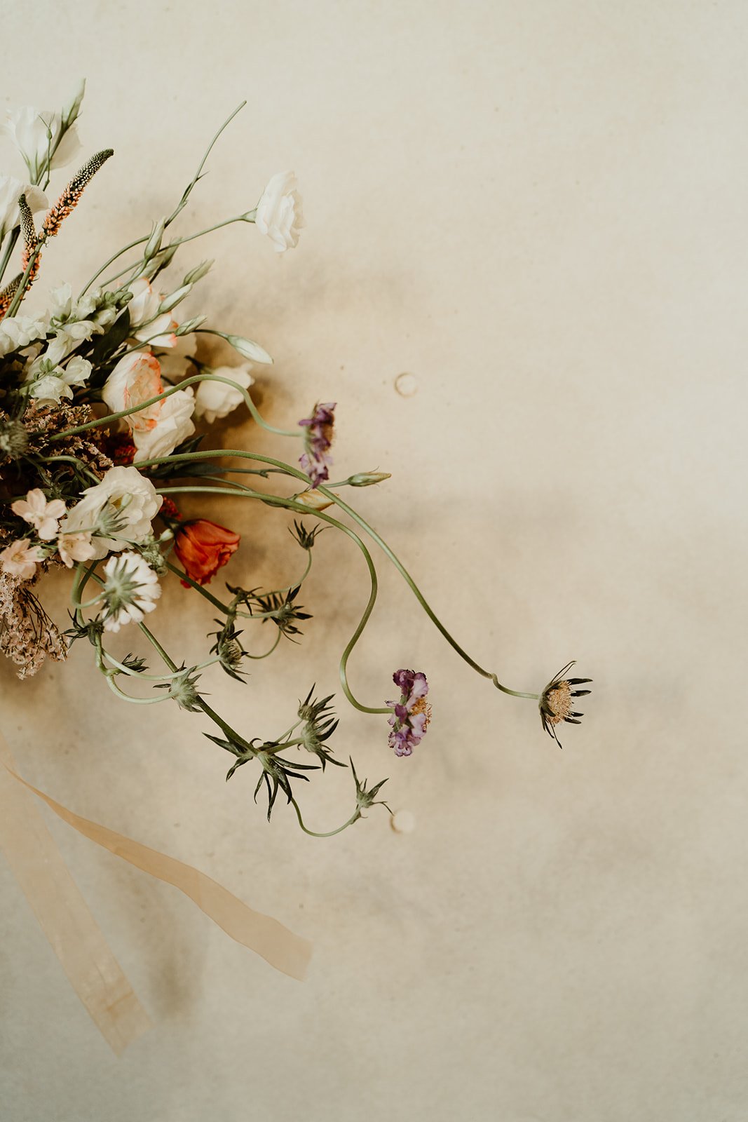 A bouquet of mixed flowers including white lilies, orange and purple blooms against a light beige background.