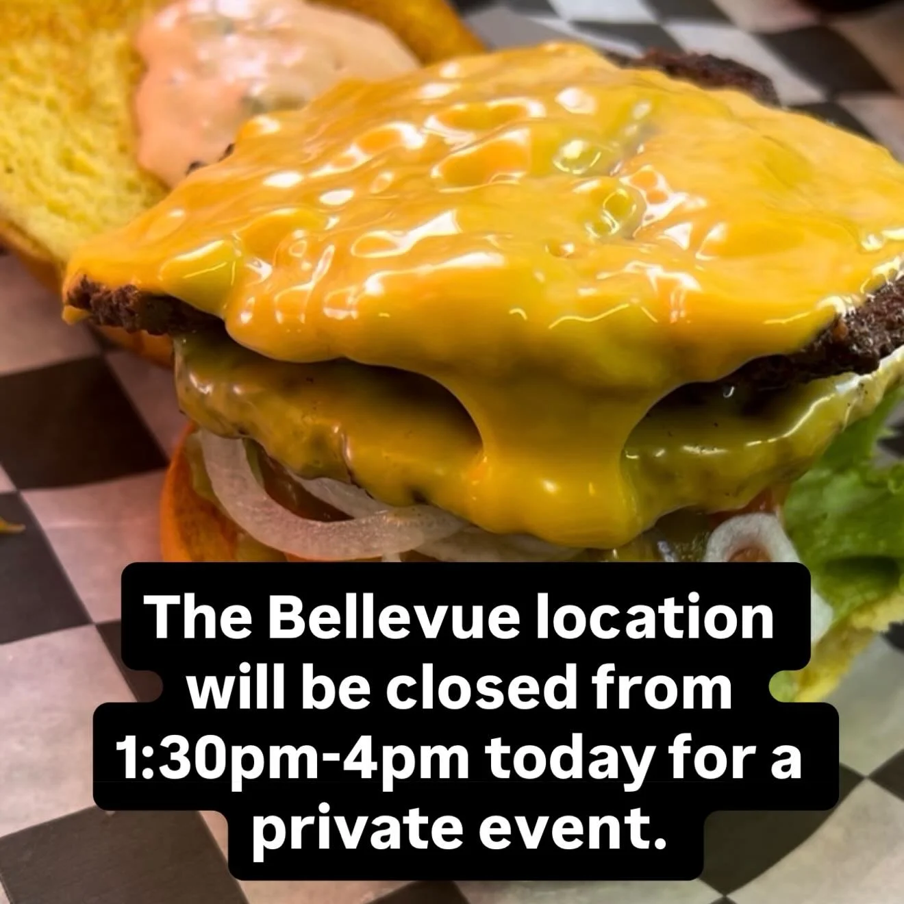 The Bellevue location will be closed this afternoon from 1:30-4 for a private event. We will reopen to the public at 4pm. Thanks for your understanding! 🍔🍺
