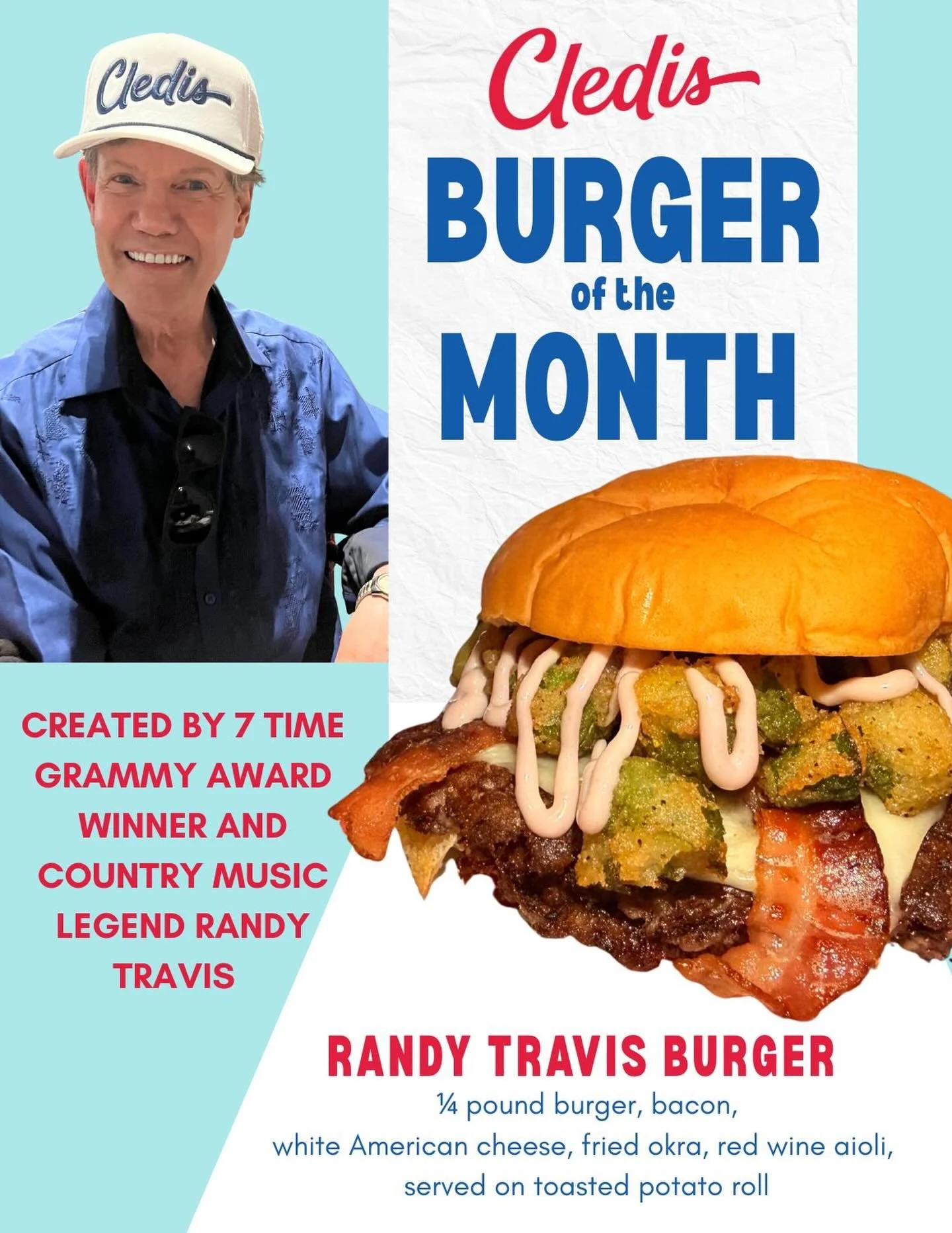 THE FRIED OKRA BURGER, created by the legendary Randy Travis is this month&rsquo;s Burger of the Month! 1/4 pound burger, white American cheese, bacon, fried okra, and red wine aioli 🍔❤️🍷 @therandytravis 
.
.
.
.
#nashvilleburger #nashvillefood #na