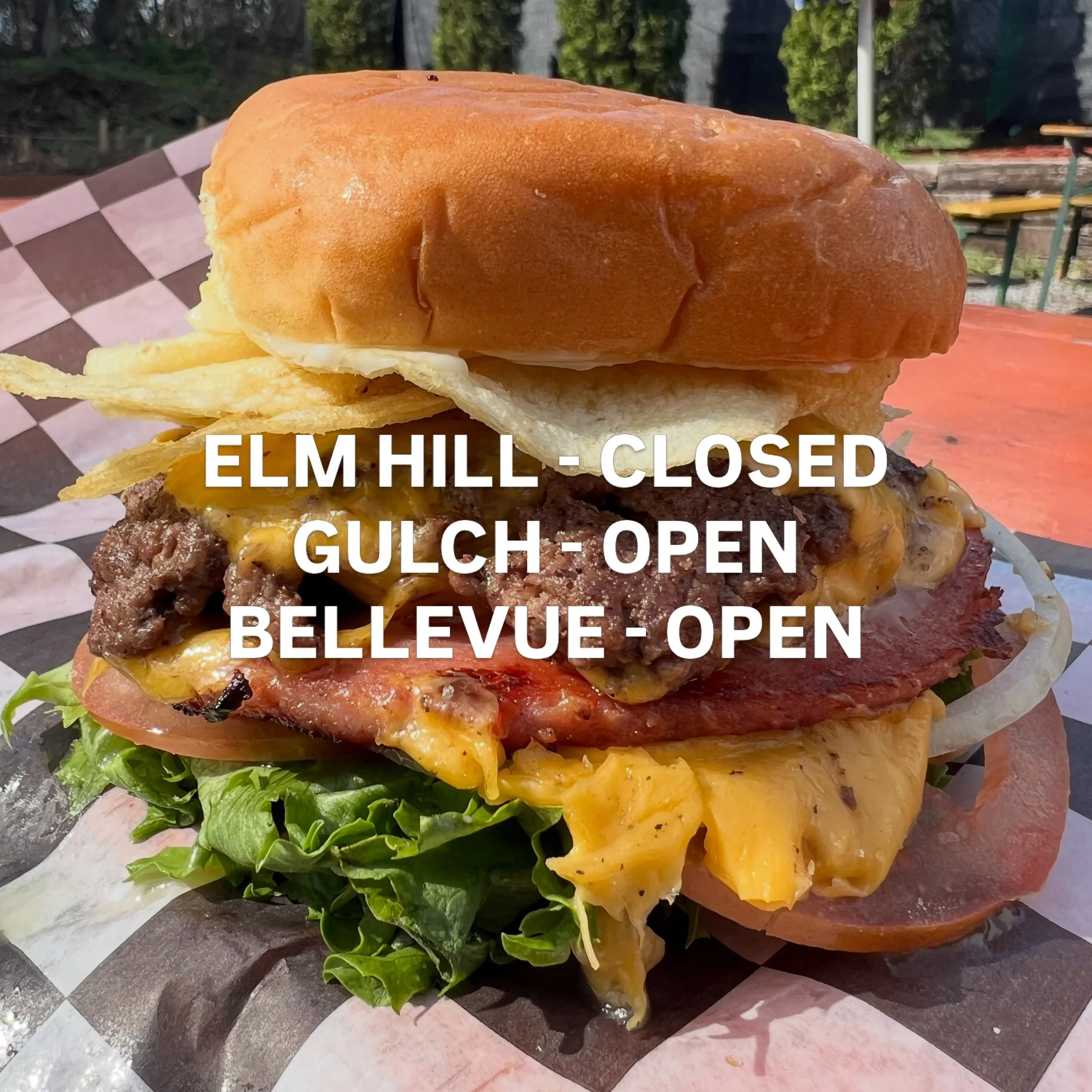 Labor Day Schedule. Elm Hill Pike will be closed today. Bellevue and the Gulch will be open normal hours with trivia from 7-9pm.