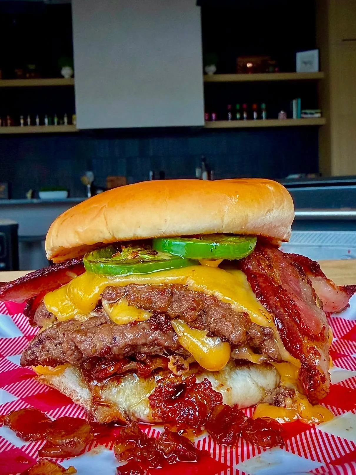 Jalape&ntilde;o Bacon Jam Burger! Created by our friend @heygrillhey and available all month long! Double smash patties, cheddar cheese, jalape&ntilde;o bacon jam with some extra jalape&ntilde;o &amp; bacon for good measure. 🍔🥓🌶️😍
.
.
.
.
#nashvi