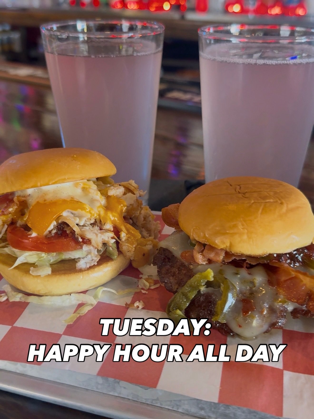 ALL DAY HAPPY HOUR ON TUESDAYS! 🍔🍔🍺🍺
COME SEE US! ❤️