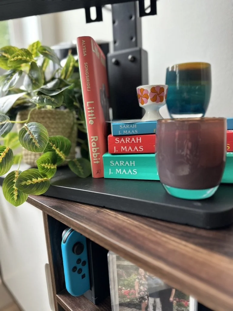 Books stacked on a shelf with plants, a decorative egg cup, and colorful glasses. A gaming console controller is visible on the side.