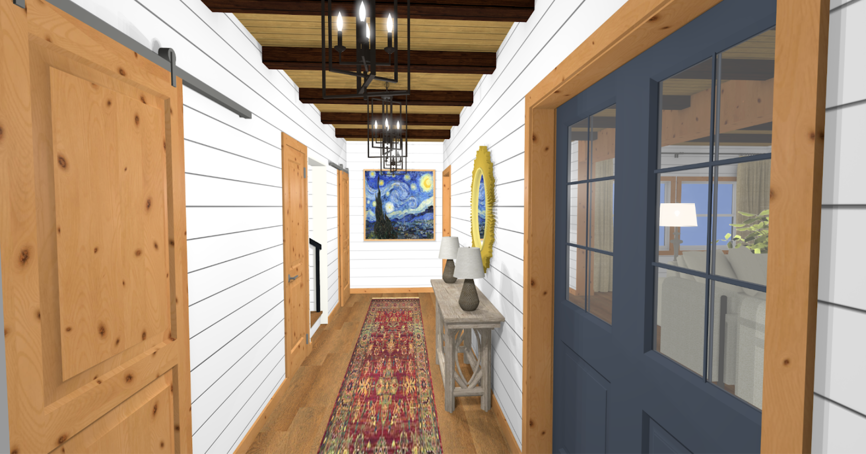 Modern hallway with wooden doors, white shiplap walls, red patterned rug, ceiling lights, and artworks on walls, including a round mirror and a painting. Blue-framed glass door to the right opens to a living area.
