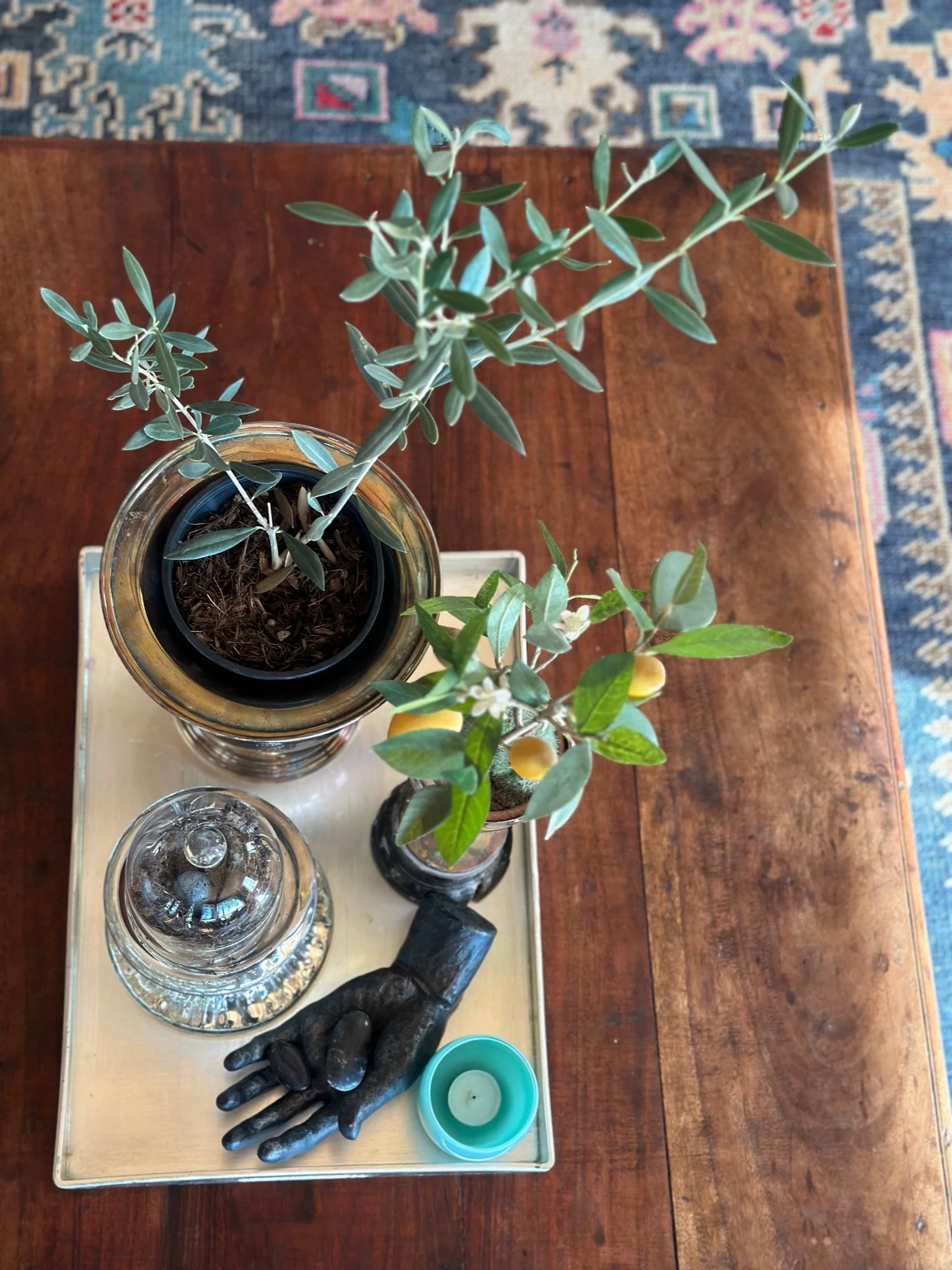 Top view of a wooden coffee table featuring a decorative tray with a potted plant, a lemon plant, a glass jar, a black ornamental hand holding stones, and a small blue candle. A patterned rug is partially visible underneath.