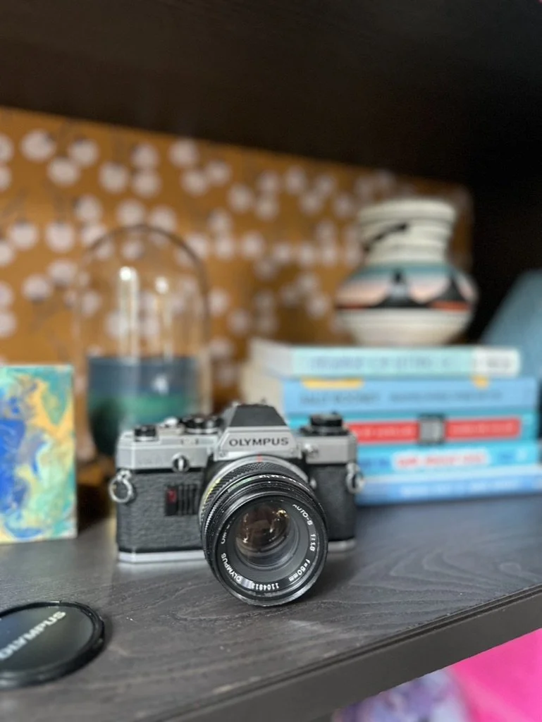 A vintage Olympus camera with a lens is placed on a wooden shelf. Nearby are stacked books, a decorative vase, and an artistic coaster. The background features a patterned wallpaper with a botanical design.