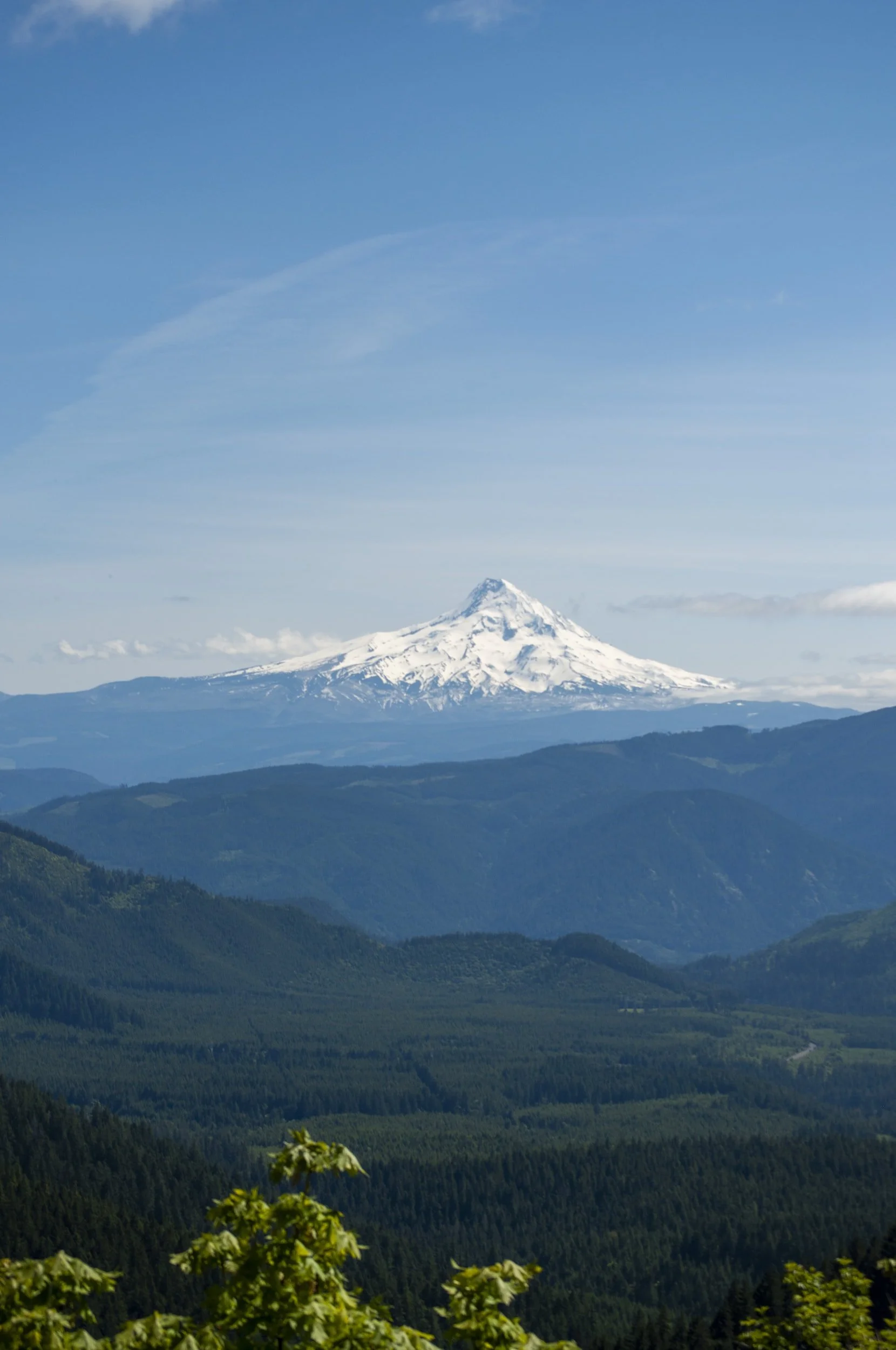 Snow-capped mountain, possibly Mount Hood, seen above green forested hills and a blue sky with some wispy clouds.