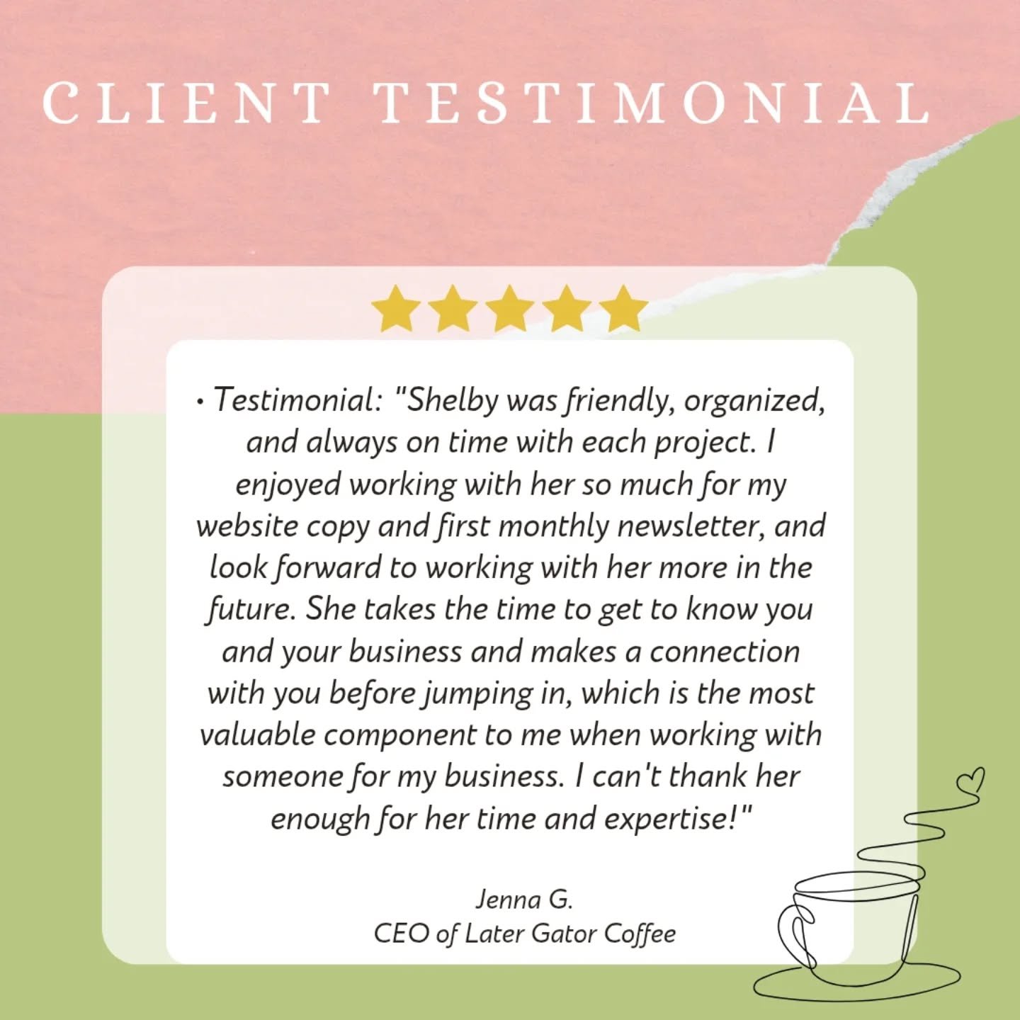Check out this client testimonial from one of my awesome small business clients! 

Have questions about working with a copywriter to elevate your brand?

DM me for more info!
