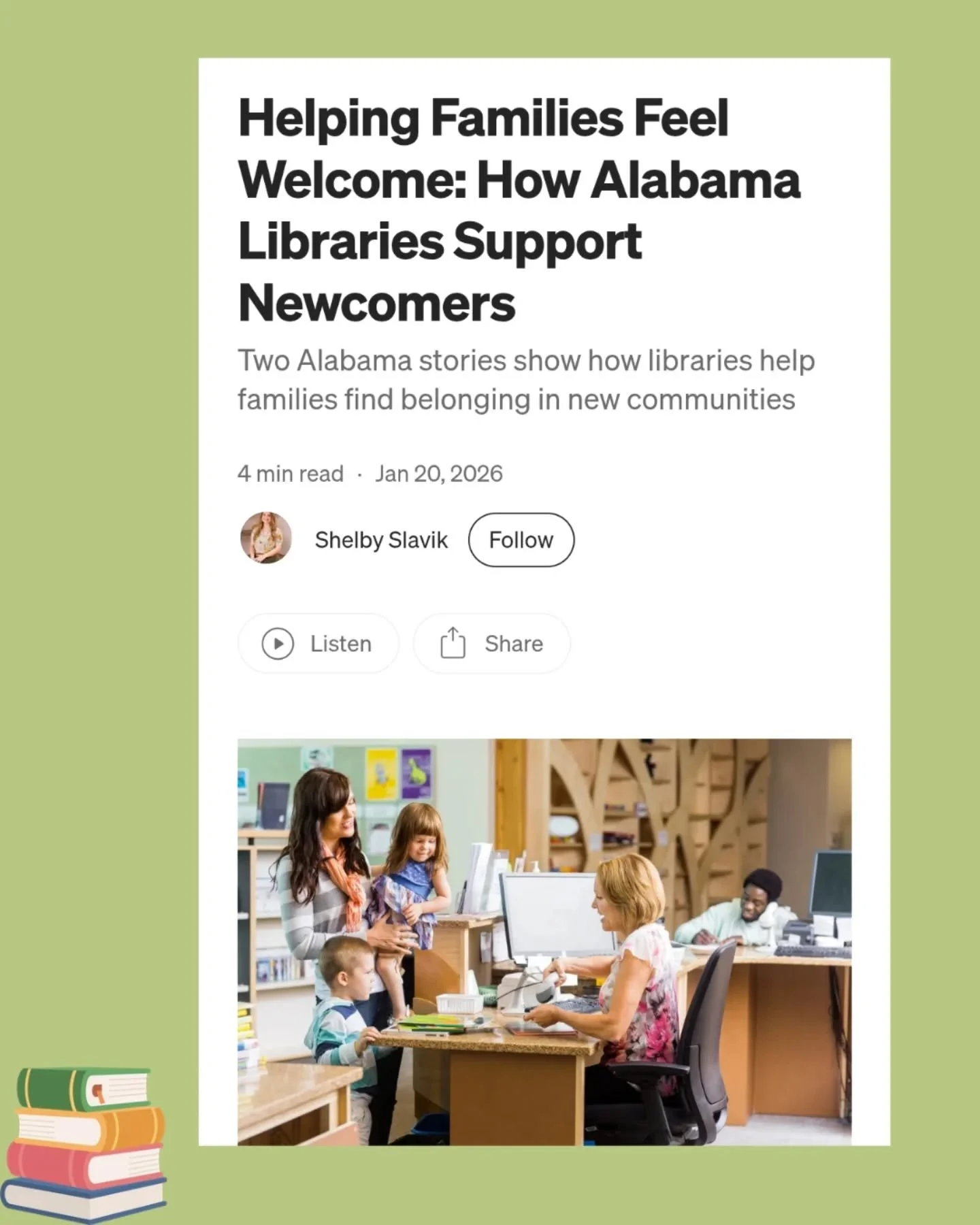 In my latest article for EveryLibrary, I share two Alabama stories that show how libraries become safe places for families navigating big transitions.

Organizations like EveryLibrary help protect and fund these spaces so they remain open, accessible