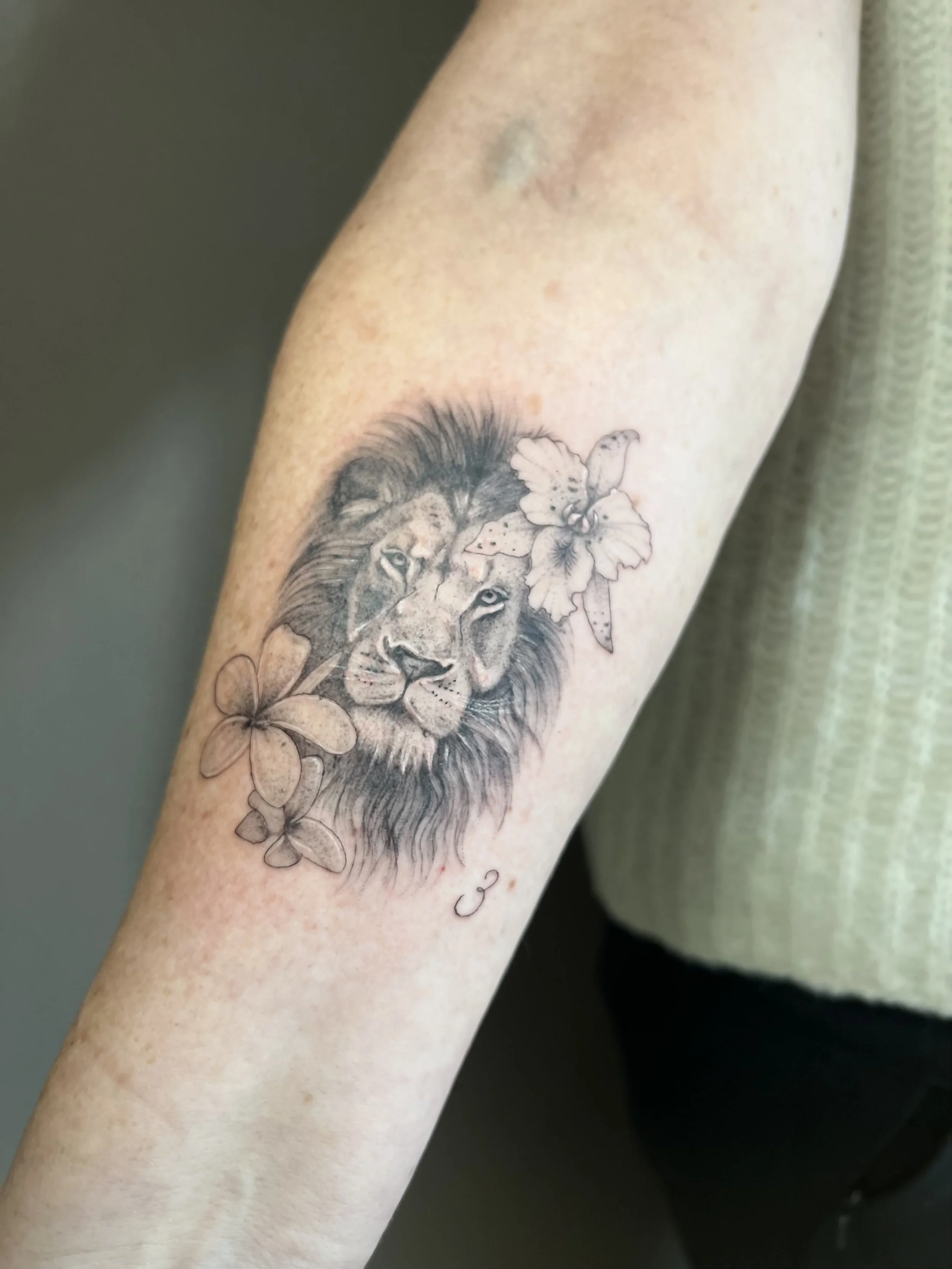 Tatouage noir et gris d'un lion mâle avec une crinière détaillée, entouré de fleurs hibiscus et d'une petite paire de fleurs, situé sur le bras d'une personne.