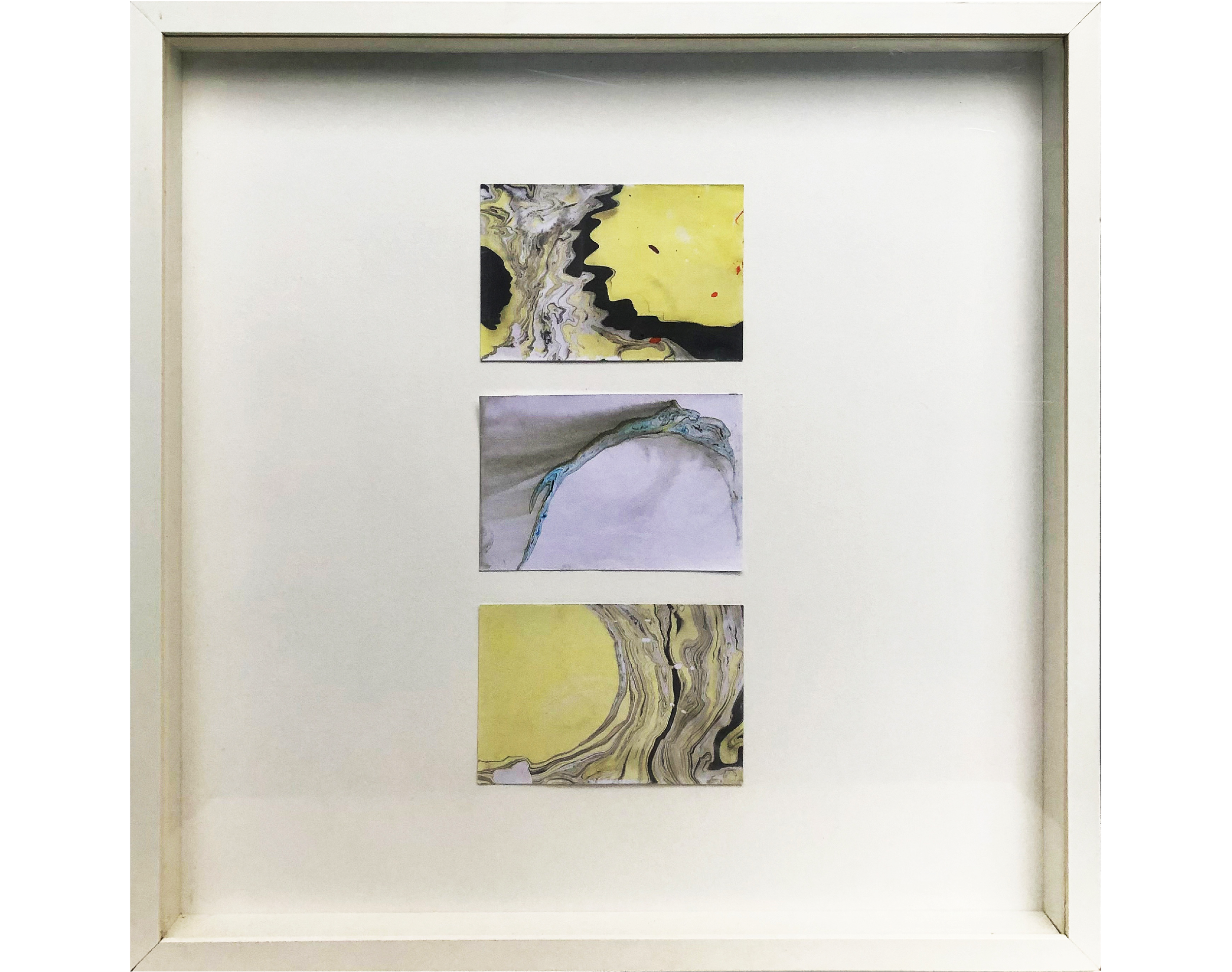  Marching Toward Mirth: an Exodus (2021)  
Framed cardstock triptych; marbled illustration in suminagashi ink. 20”x20”