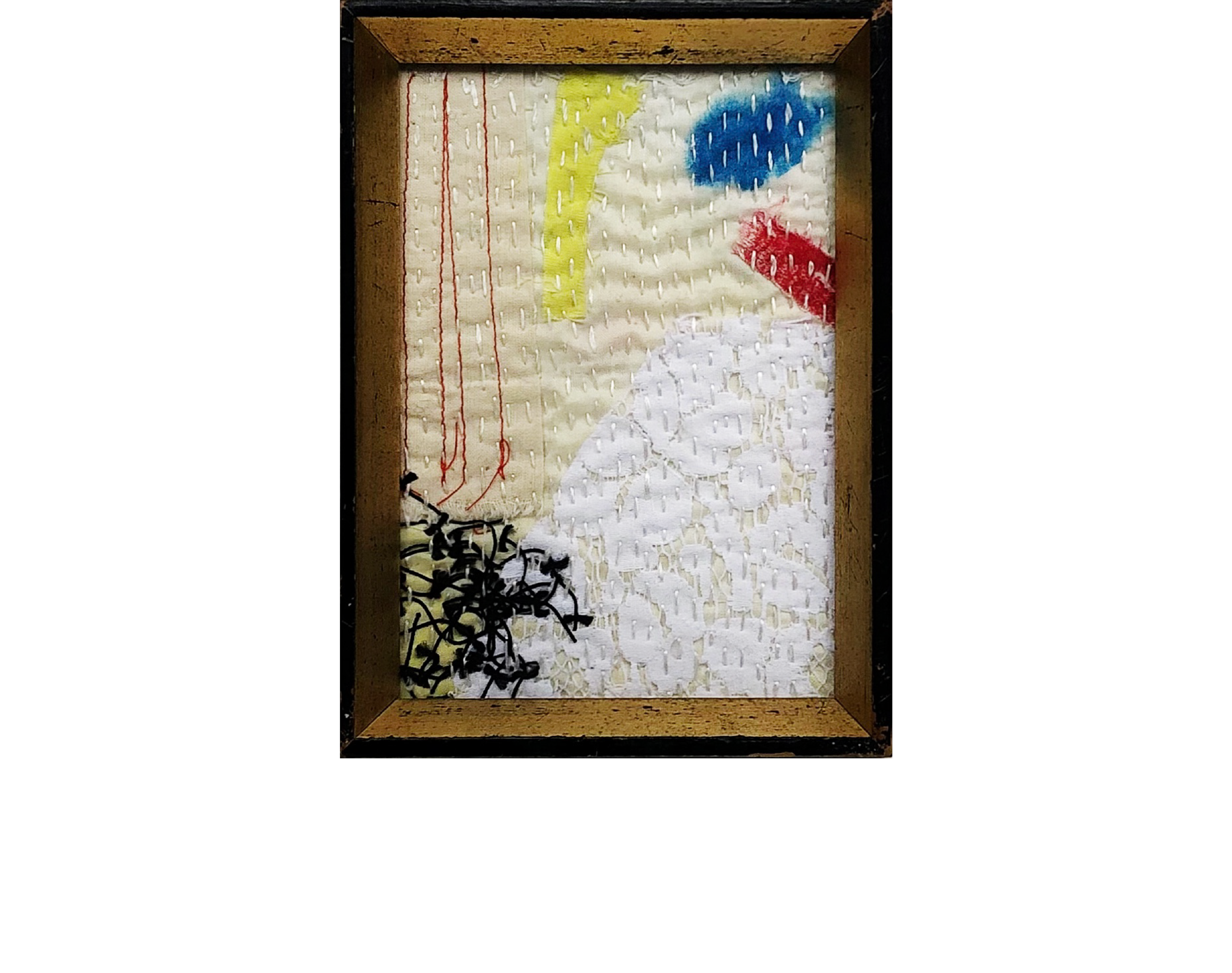  Resolute Lightness (2022)  
Framed sashiko-inspired collage in mixed fabrics, yarns, silk thread; haiku. 5”x7”