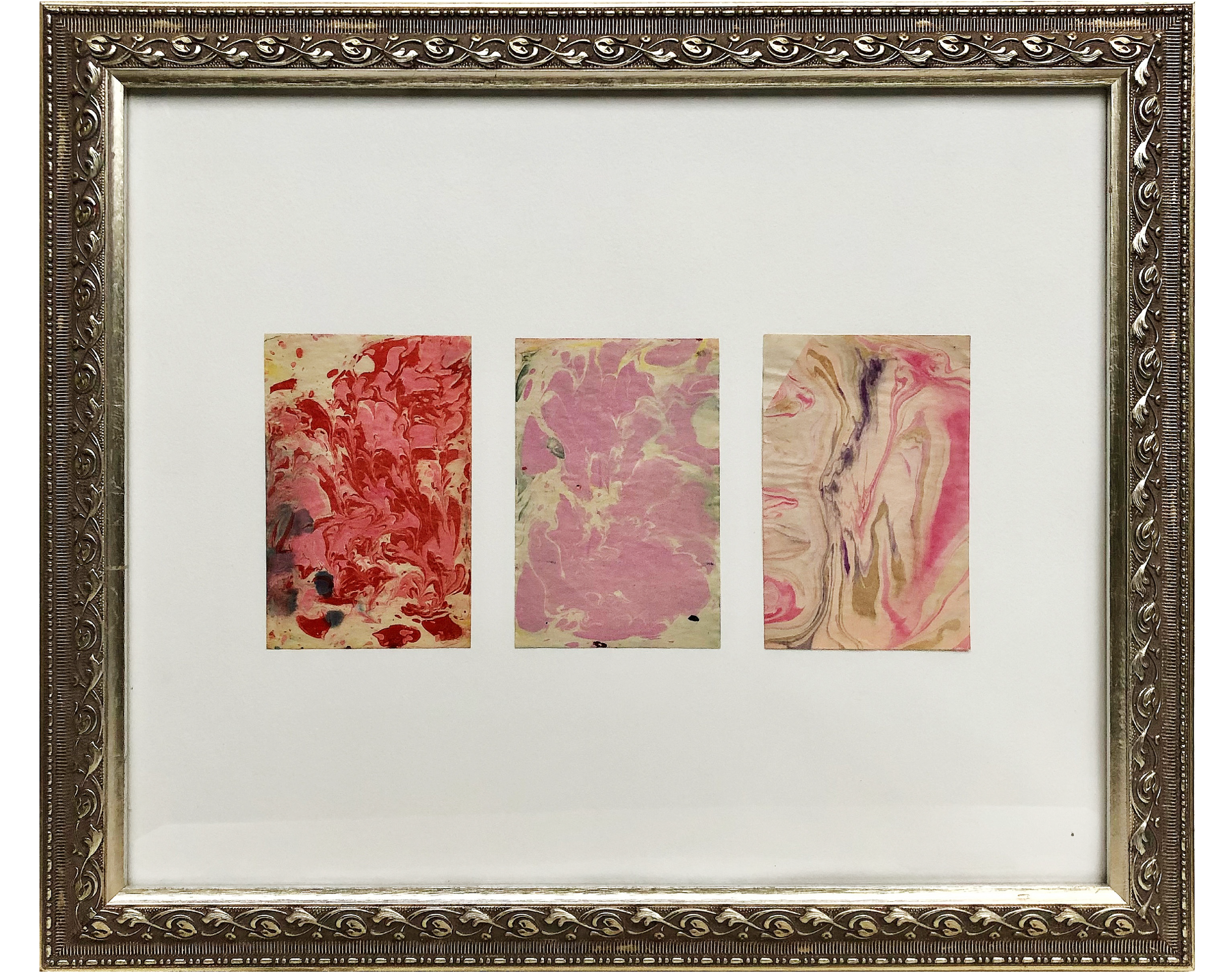  1. Make it memorable, 2. Make it yours. (2021)  
Framed newsprint triptych; marbled illustration in acrylic. 20”x16”