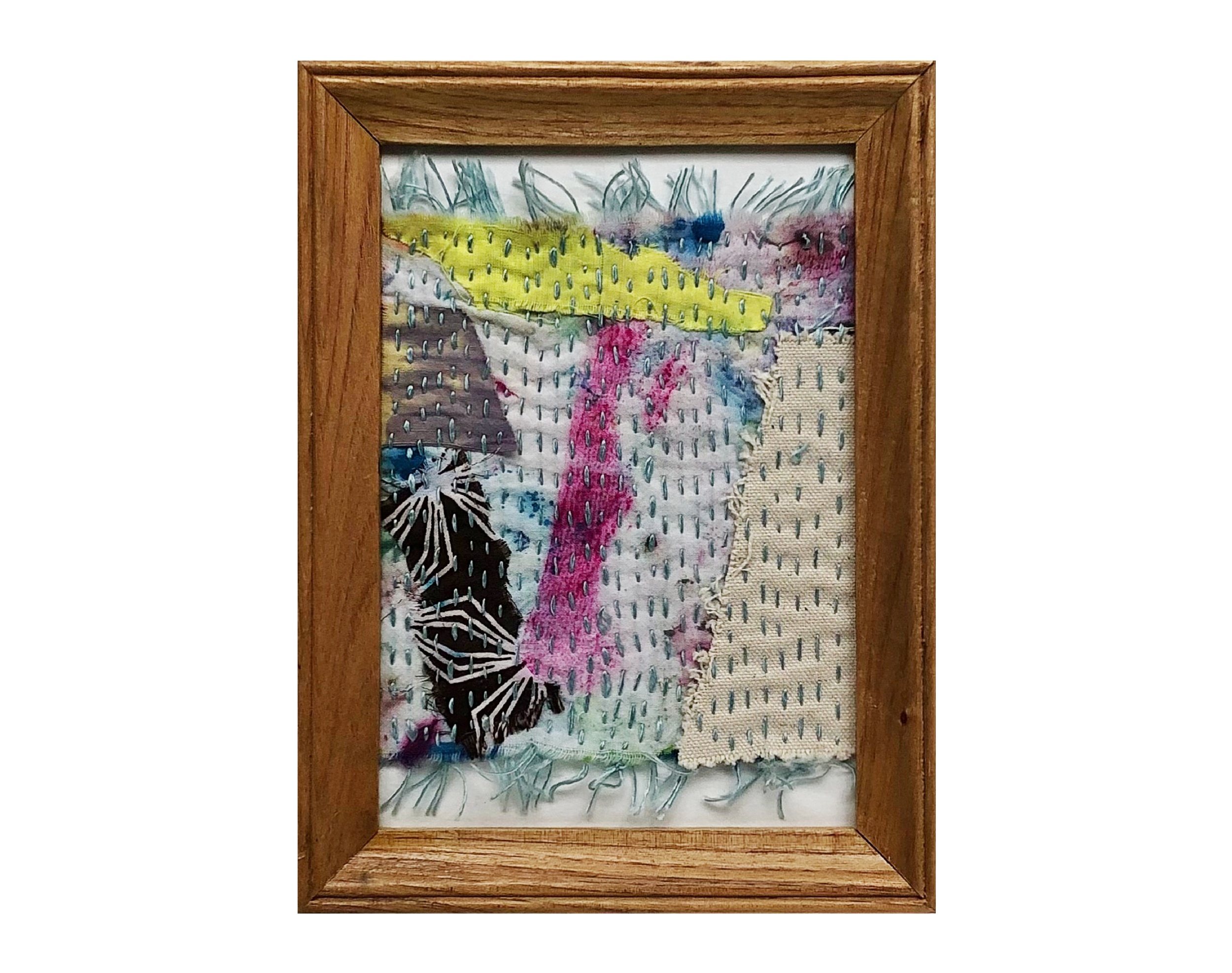  Mezzoforte Inside (2022)  
Framed sashiko-inspired collage in mixed fabrics; silk thread. 6”x8”