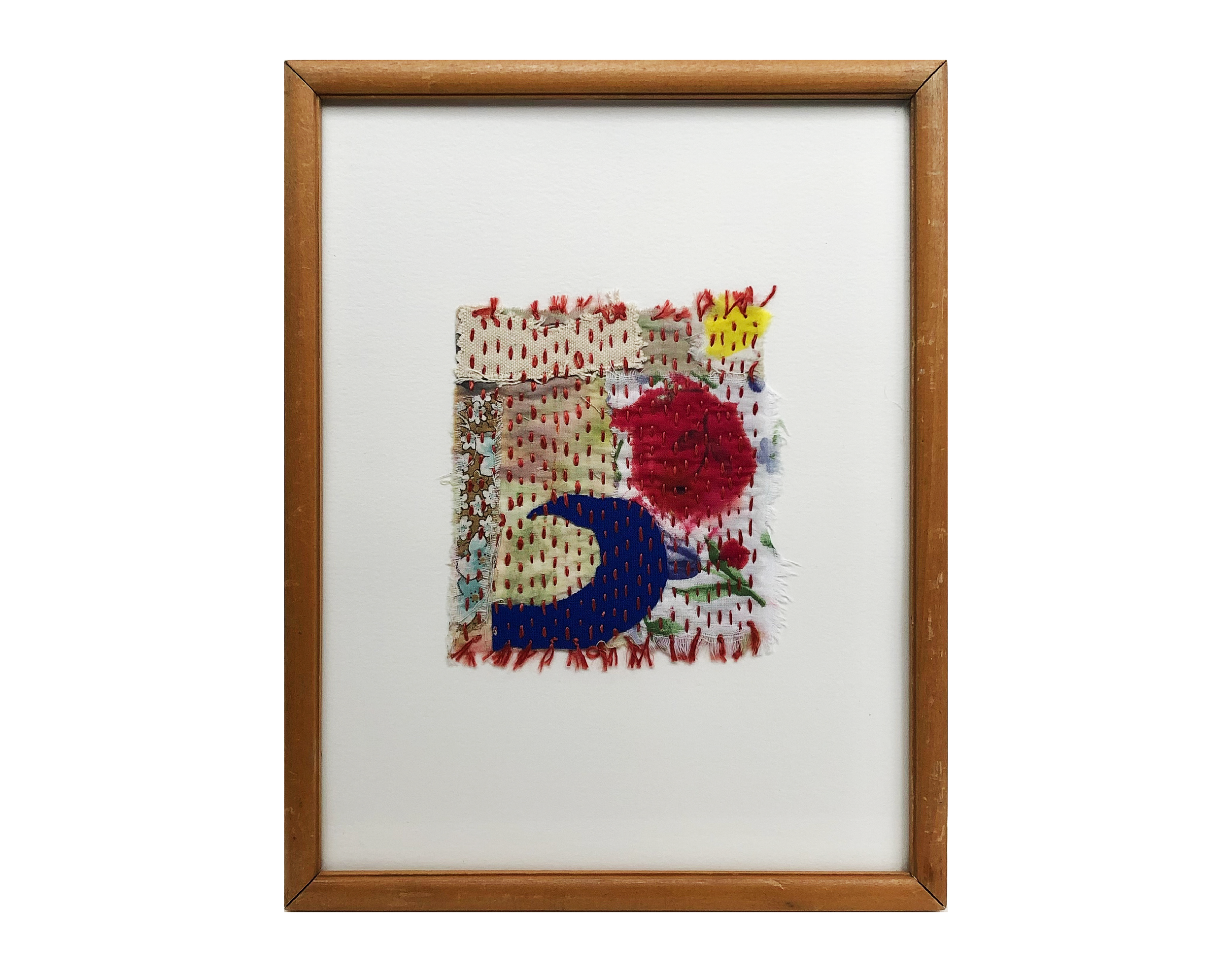  Mending, healing, thinking through— How can it be true? (2022)  
Framed sashiko-inspired collage in mixed fabrics, silk thread. 9”x12”