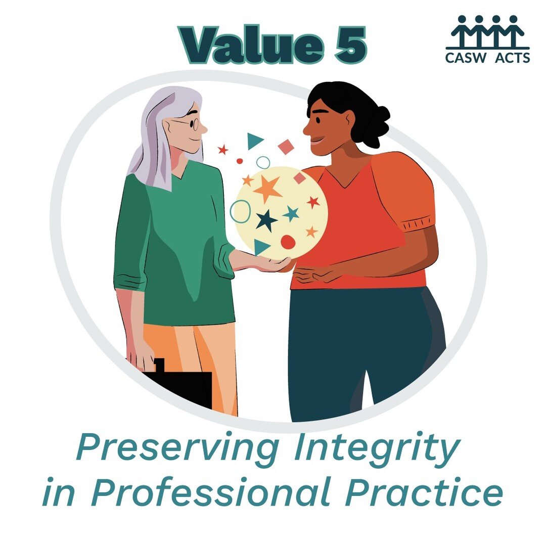 Value 5: Preserving Integrity in Professional Practice

Guiding Principles
5.1 Social workers act with integrity are honest, responsible, trustworthy, and accountable.
5.2 Social Workers maintain appropriate professional boundaries with service users