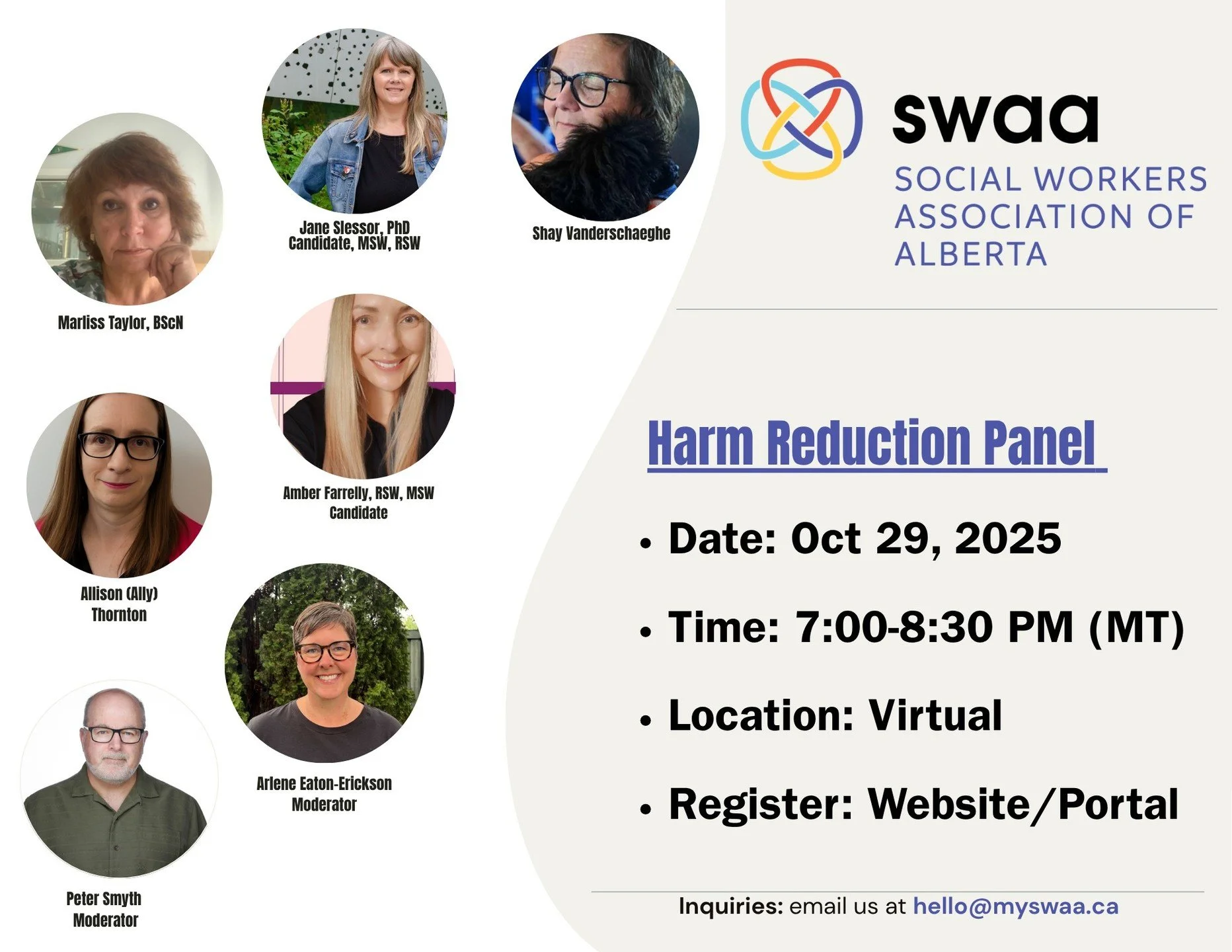 Don’t miss out!
Join us on Oct 29 for an evening of learning and dialogue on harm reduction and social work practice.
Register now to secure your spot: myswaa.ca/events/swaa-harmreductionl