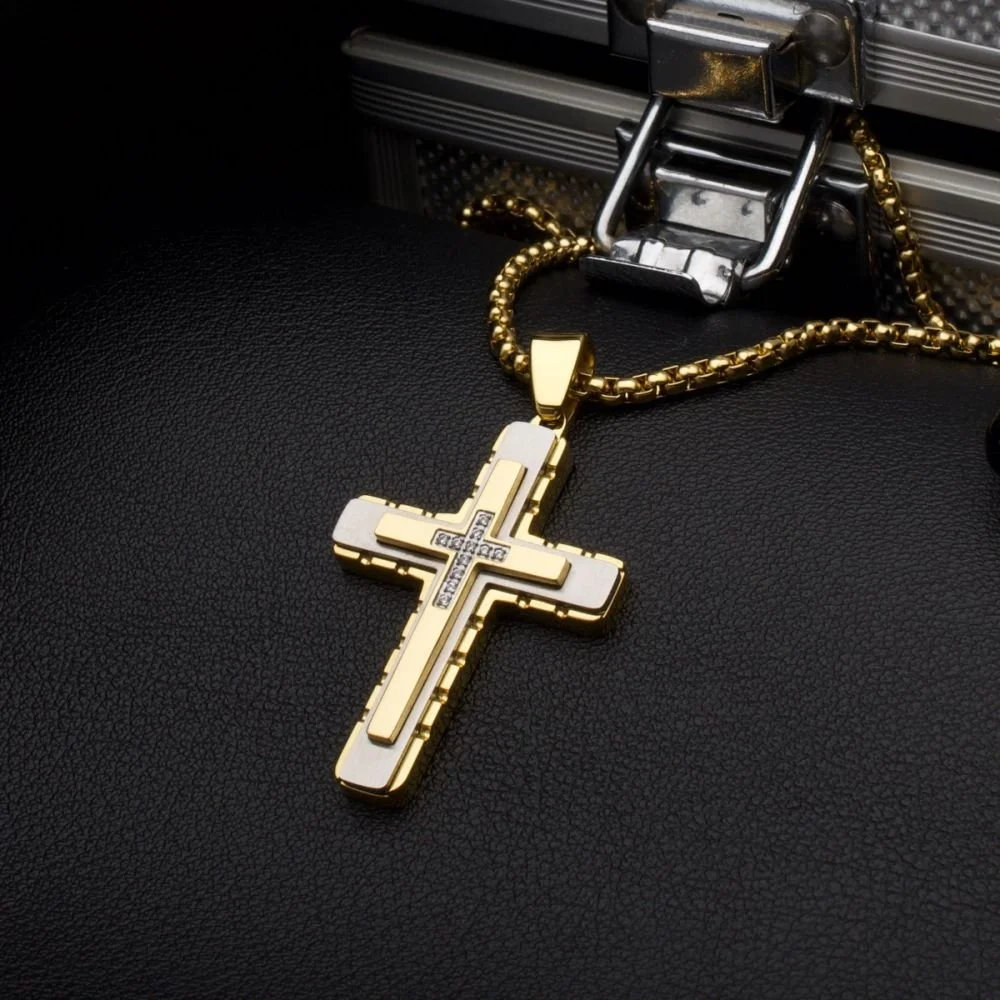 Gold IP Steel CNC Set Lab-Grown Diamond Layered Cross Pendant