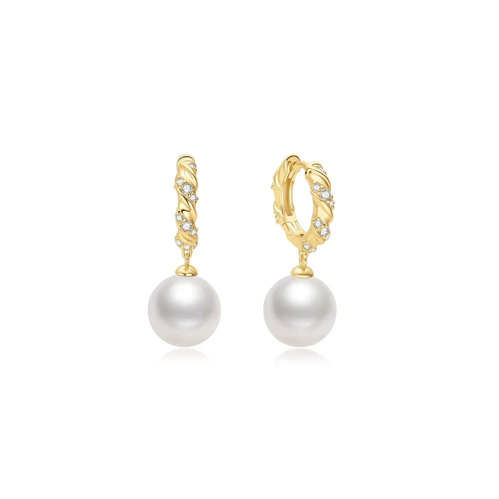 Gold Shell Pearl Dangling Twisted Huggie Hoop Earrings