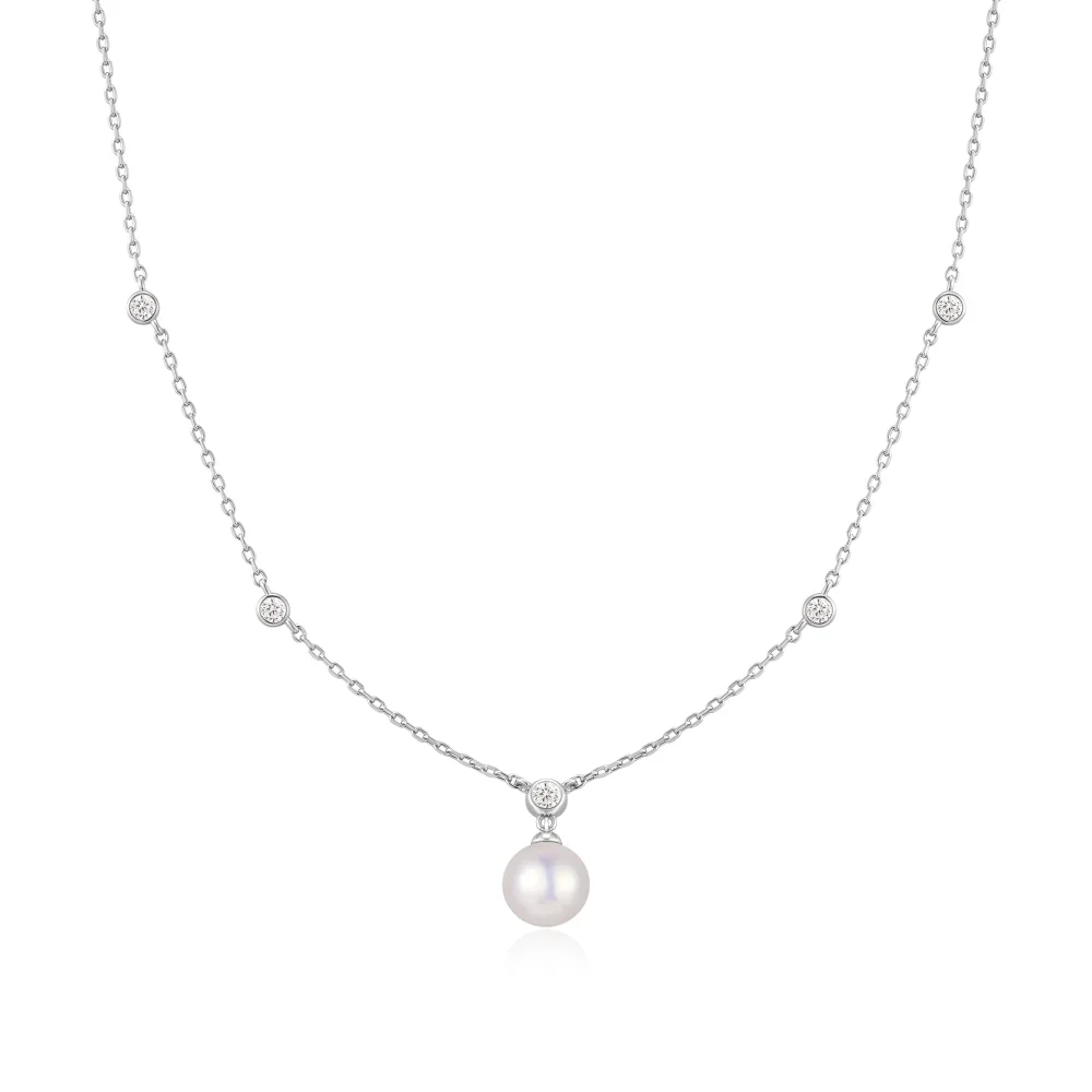 Silver Bezel-Set Station Necklace with Shell Pearl Pendant