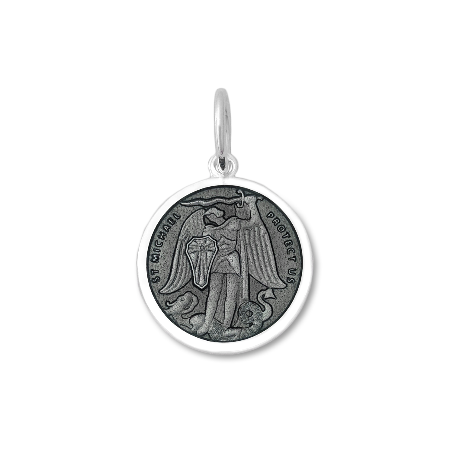 Sterling silver pendant featuring Saint Michael the Archangel defeating a dragon with enamel on the front, with LEND ME YOUR STRENGTH engraved on the back.