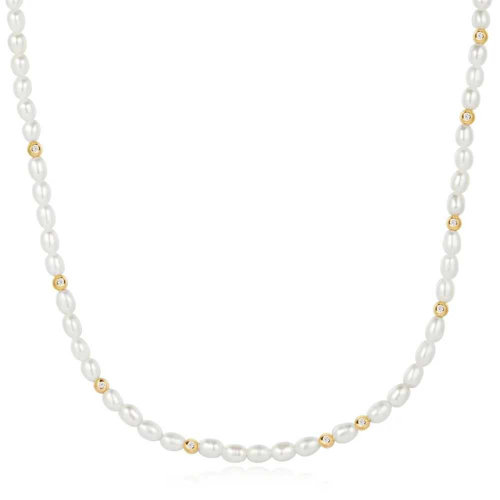 Gold Freshwater Pearl and White Cubic Zirconia Bezel Set Slider Necklace